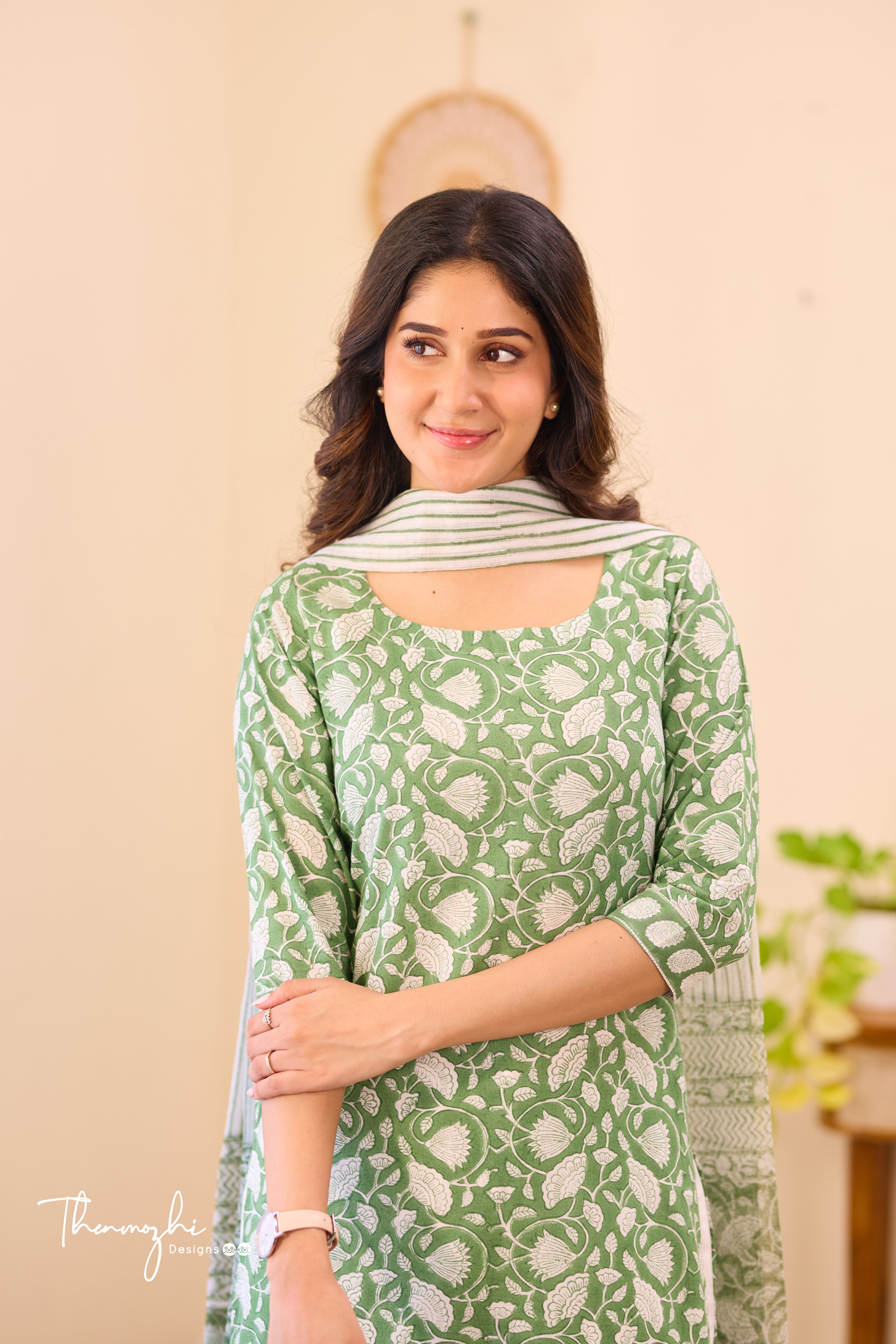 Floral Green - Green Cotton Suit Set With Kota Dupatta