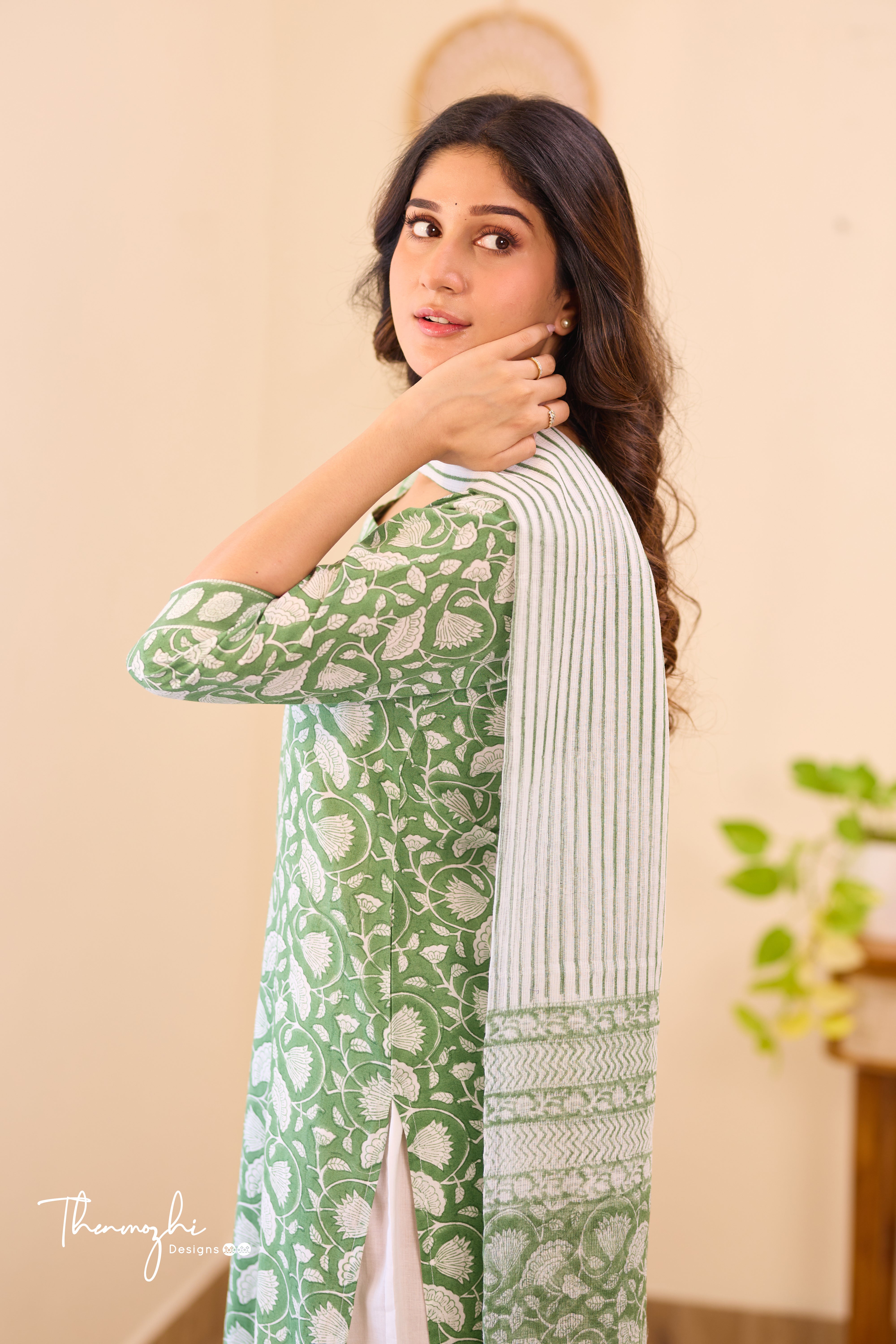 Floral Green - Green Cotton Suit Set With Kota Dupatta