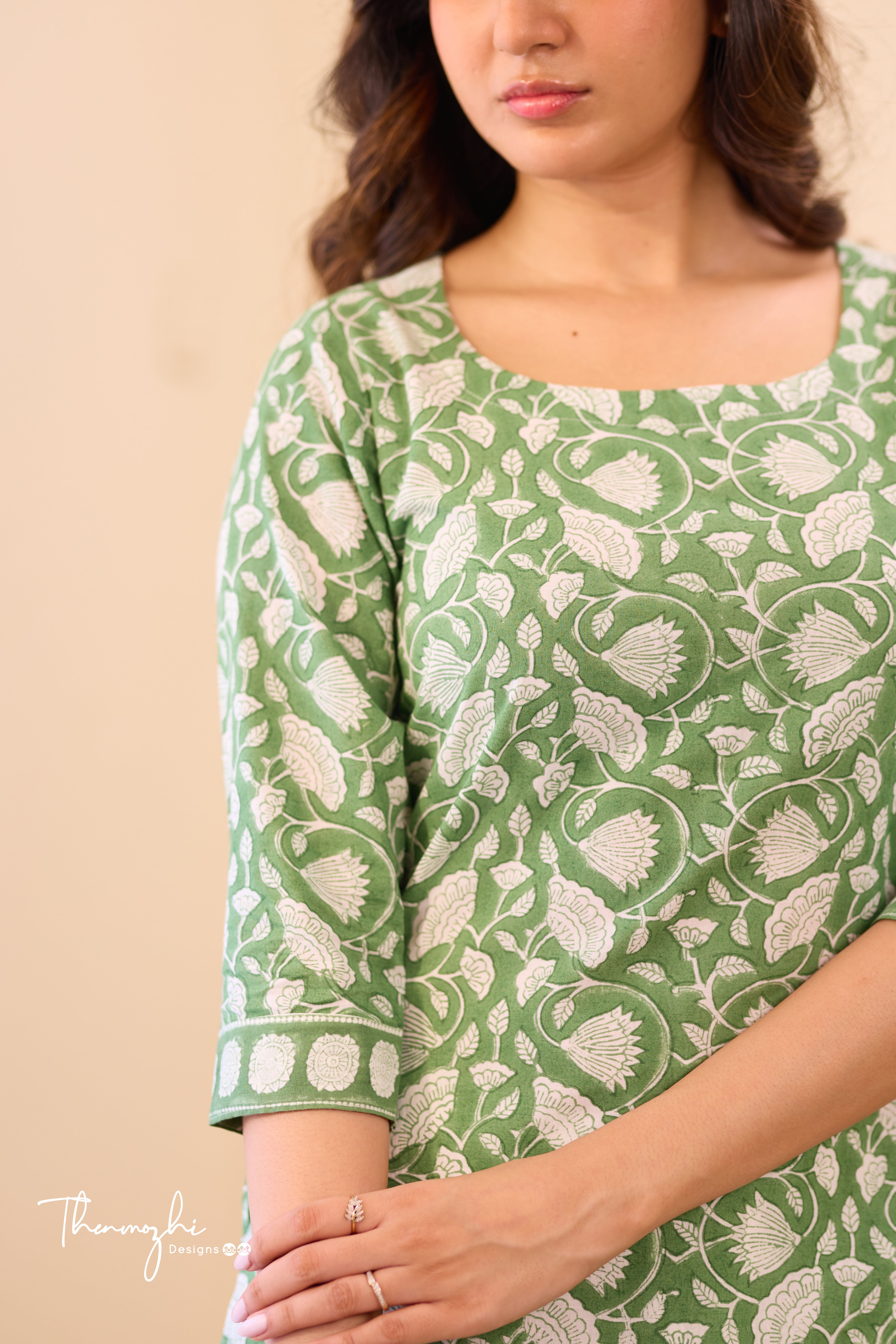 Floral Green - Green Cotton Suit Set With Kota Dupatta