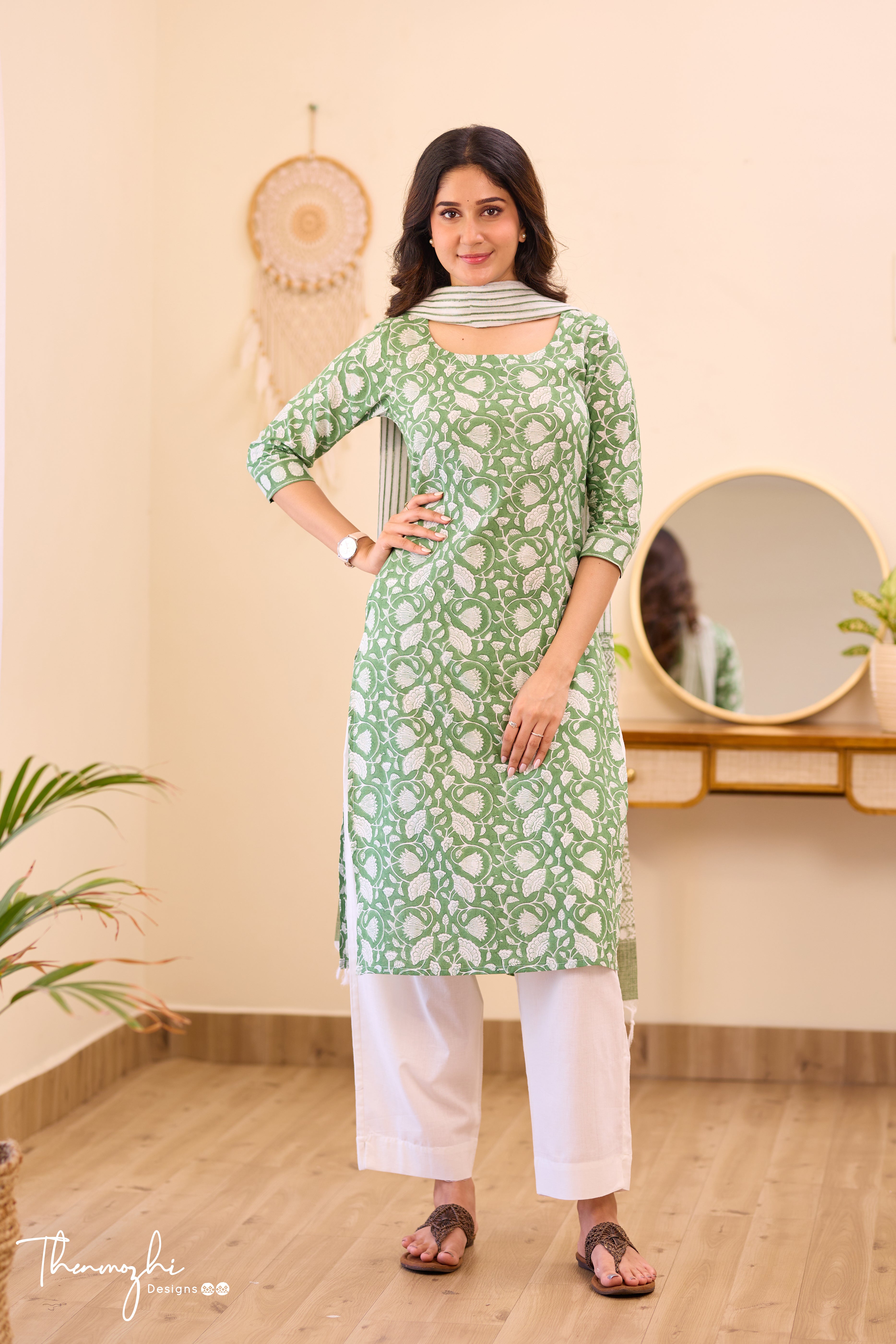 Floral Green - Green Cotton Suit Set With Kota Dupatta