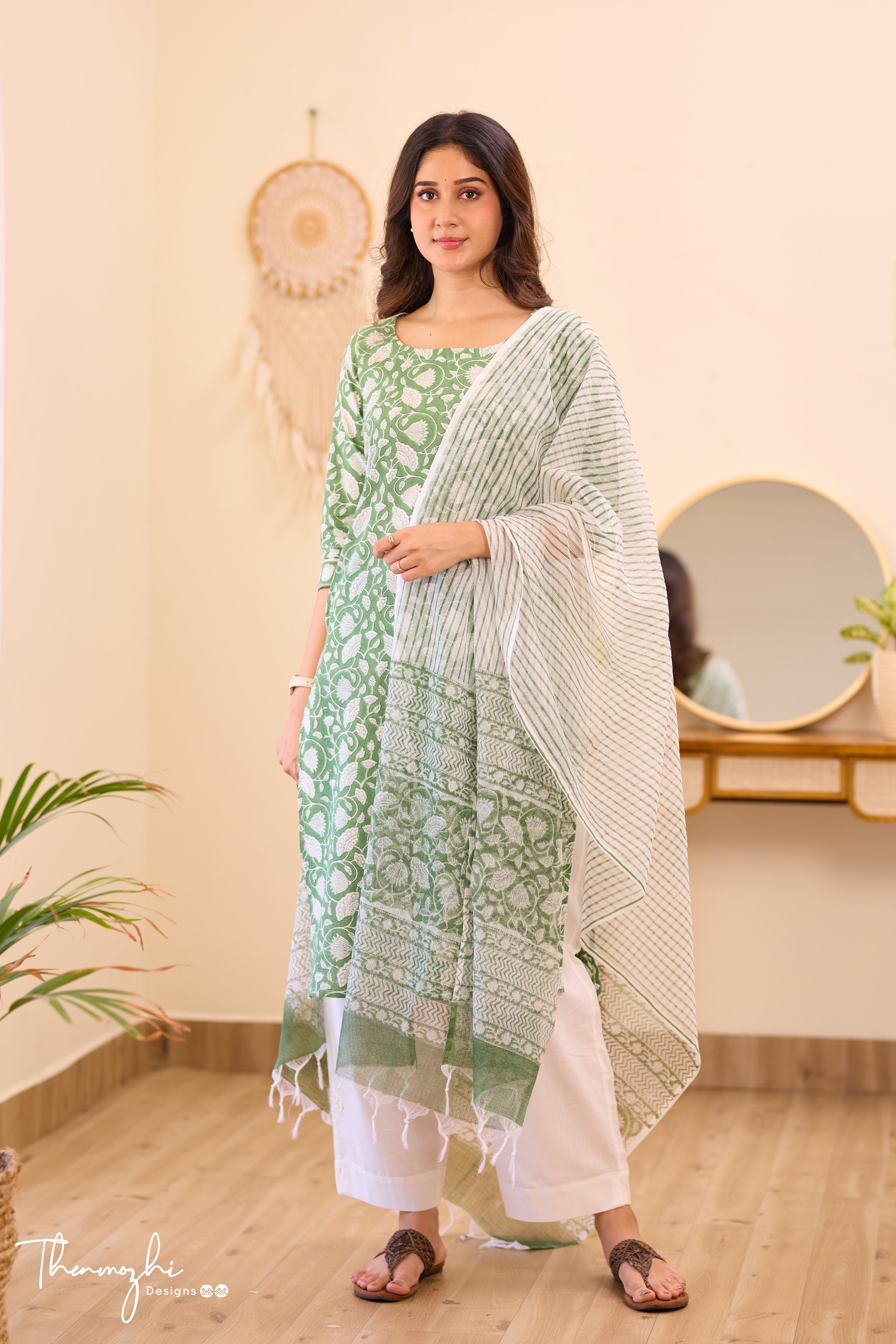 Floral Green - Green Cotton Suit Set With Kota Dupatta