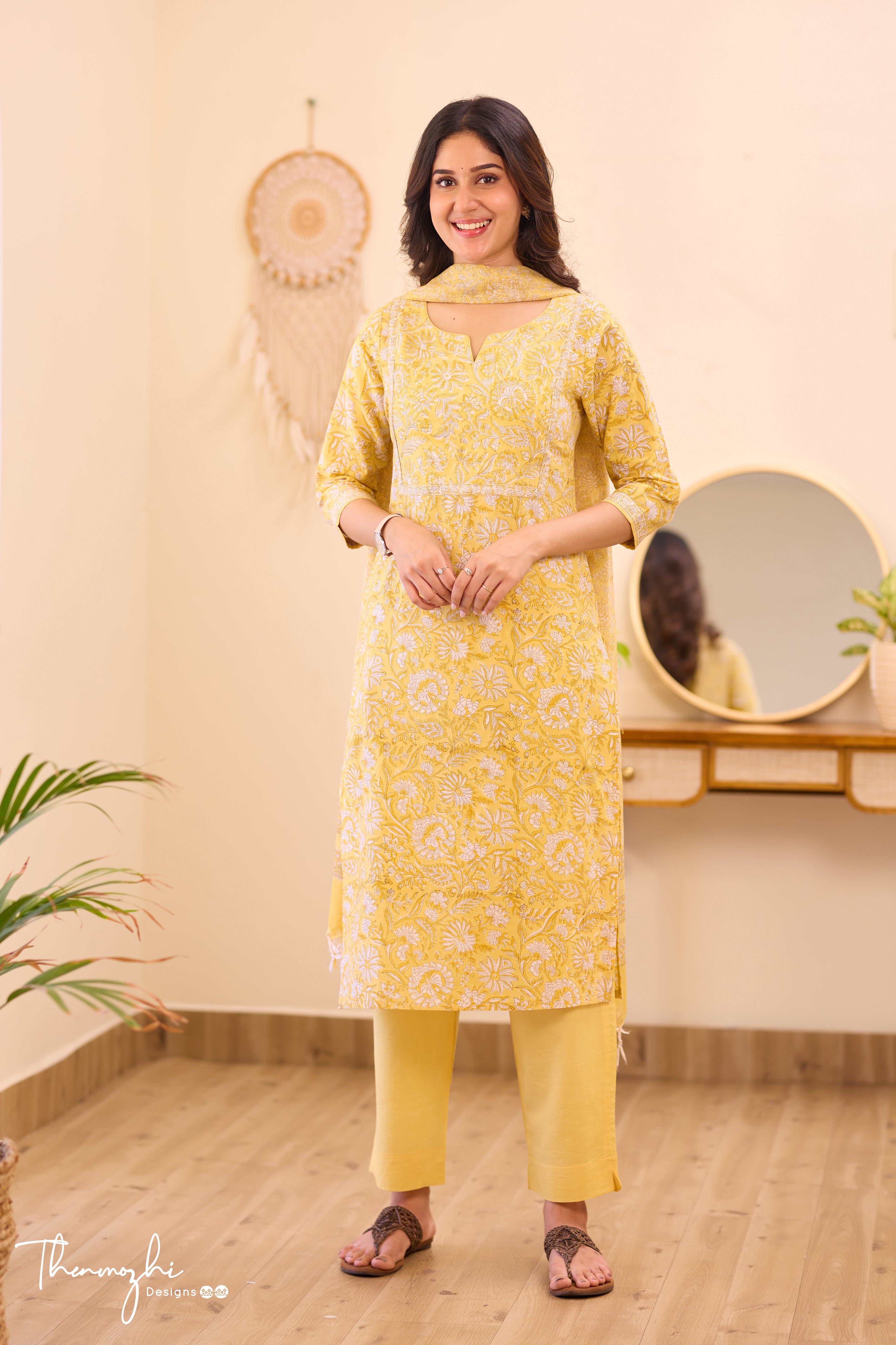Pastel Yellow - Yellow Cotton Suit Set With Kota Dupatta