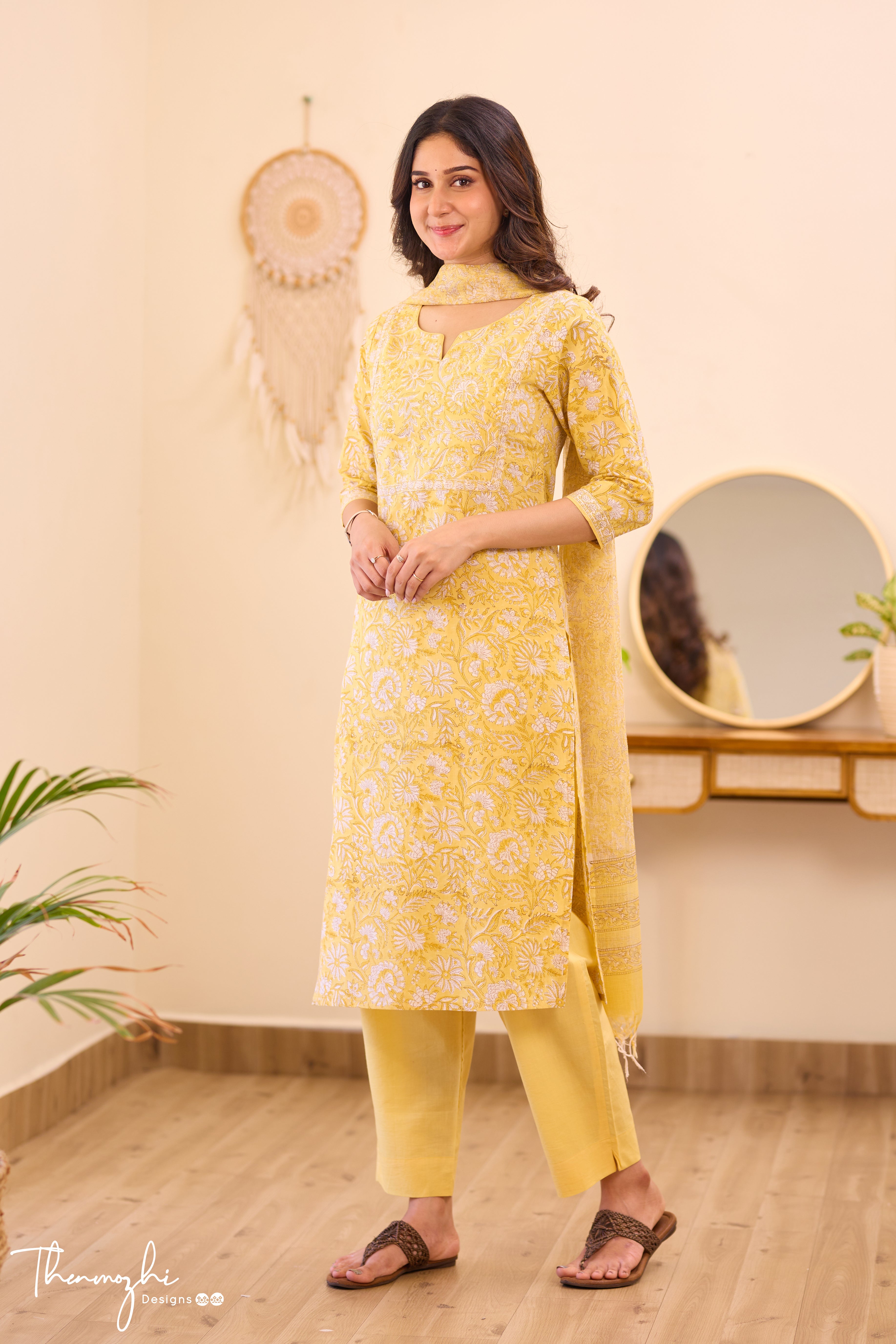 Pastel Yellow - Yellow Cotton Suit Set With Kota Dupatta