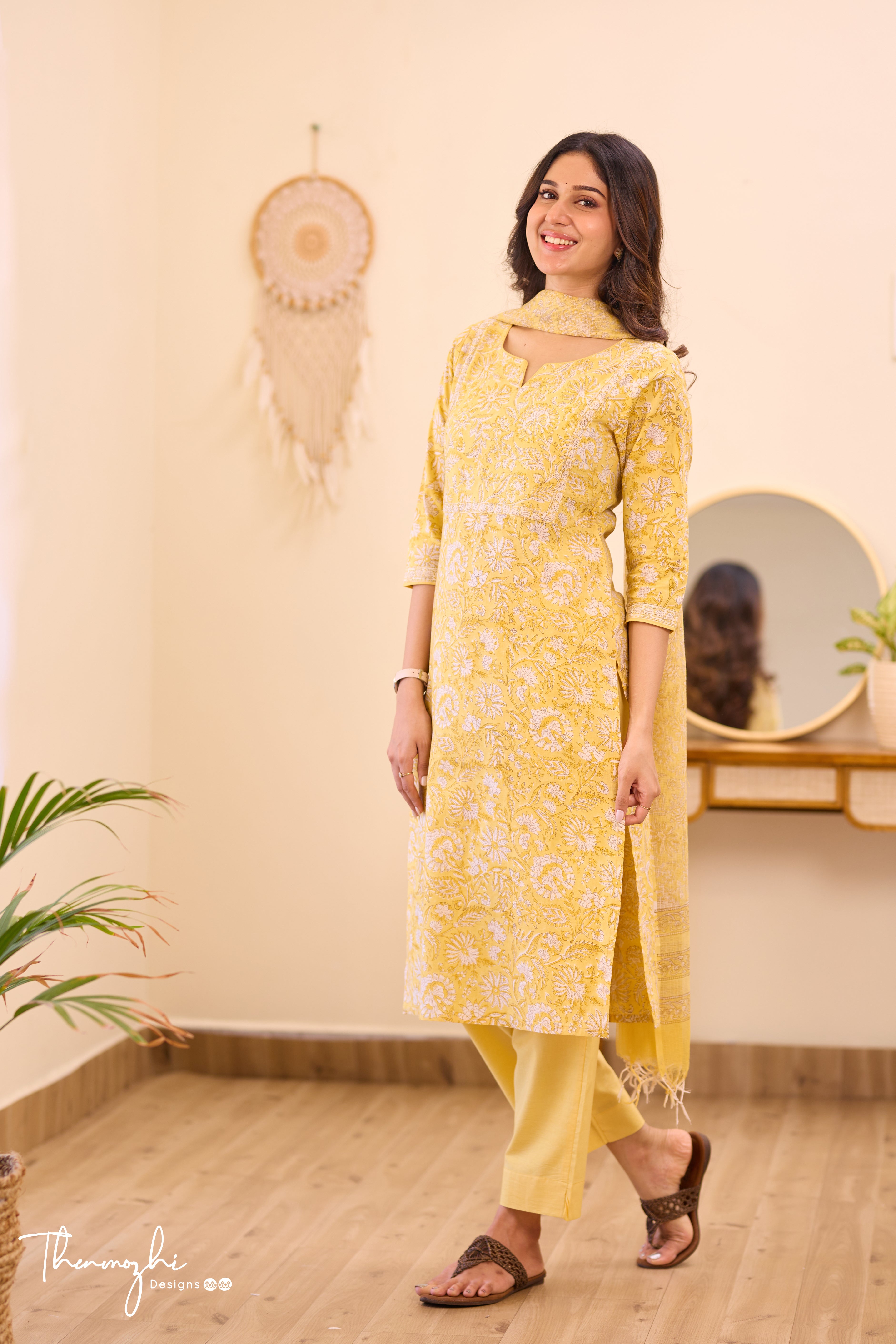 Pastel Yellow - Yellow Cotton Suit Set With Kota Dupatta