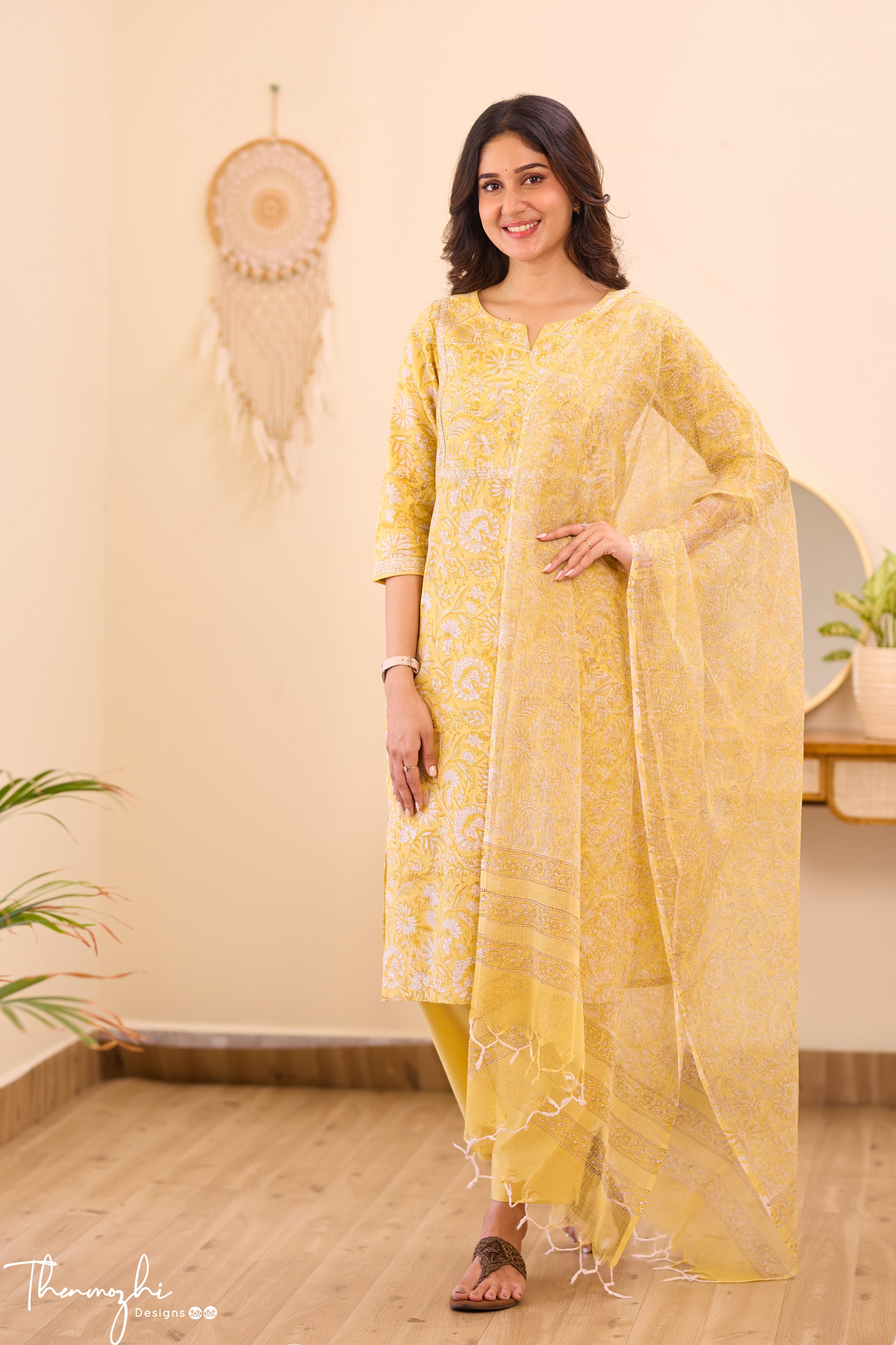 Pastel Yellow - Yellow Cotton Suit Set With Kota Dupatta