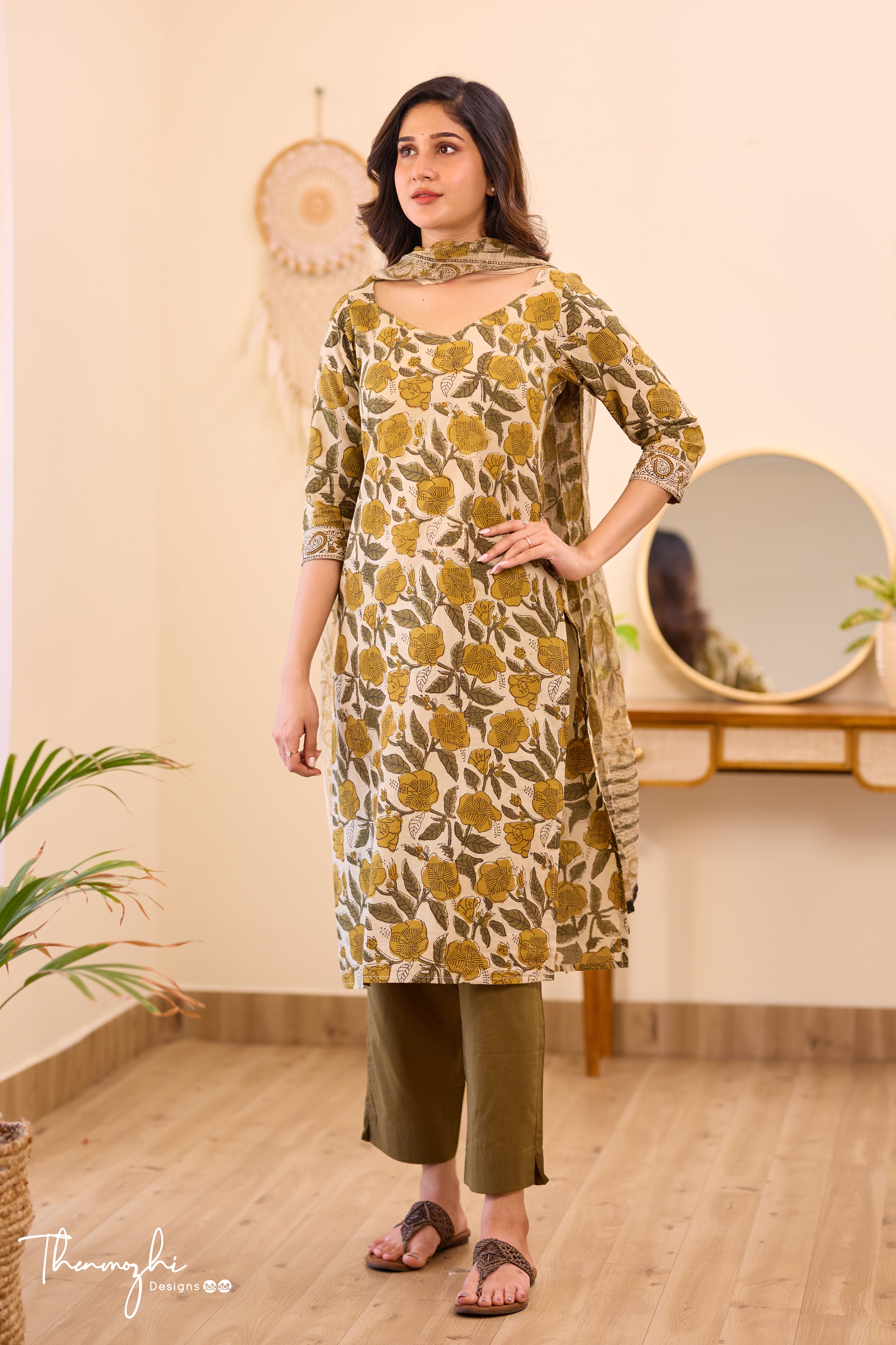 Olive Green - Beige Cotton Suit Set With Kota Dupatta