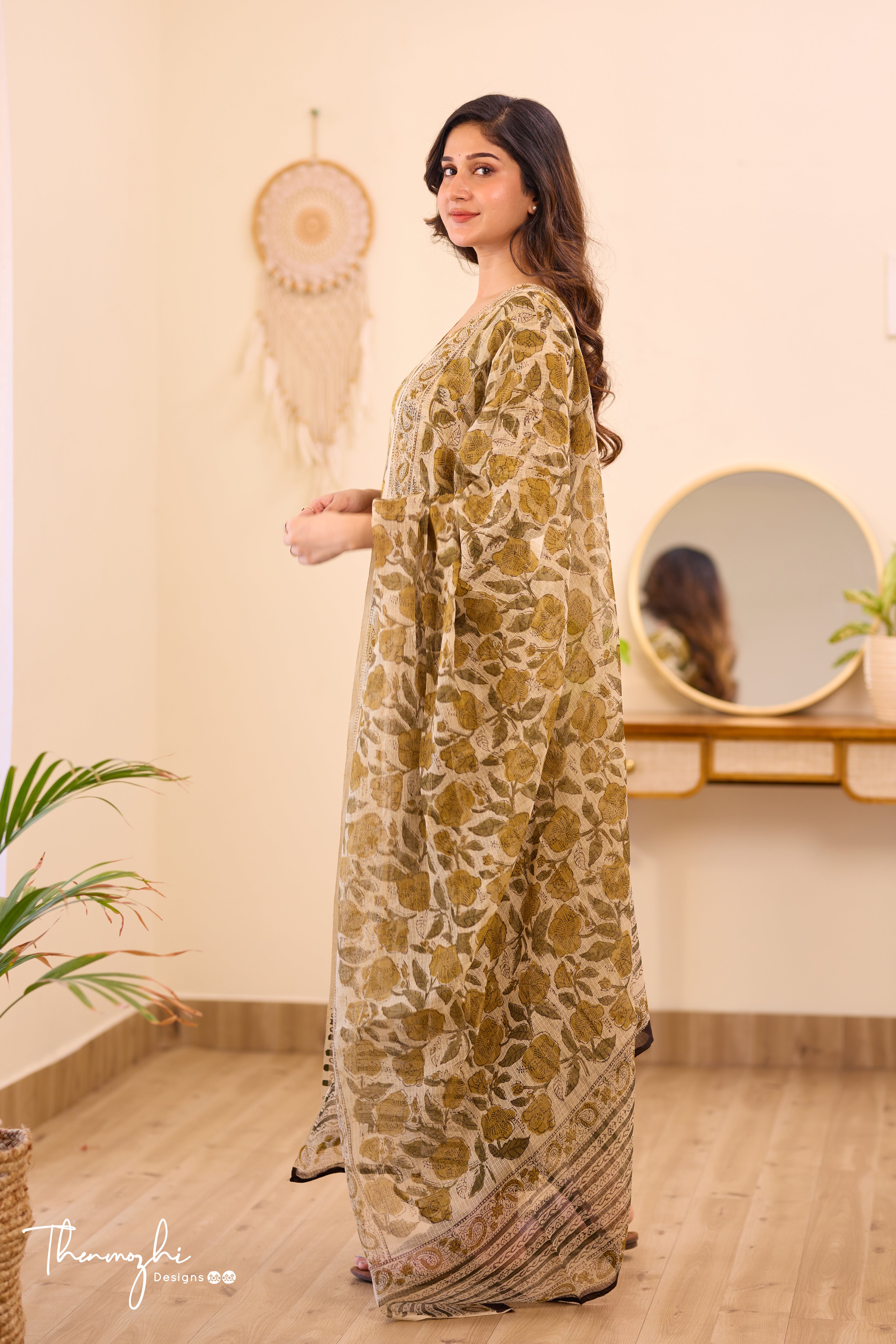 Olive Green - Beige Cotton Suit Set With Kota Dupatta