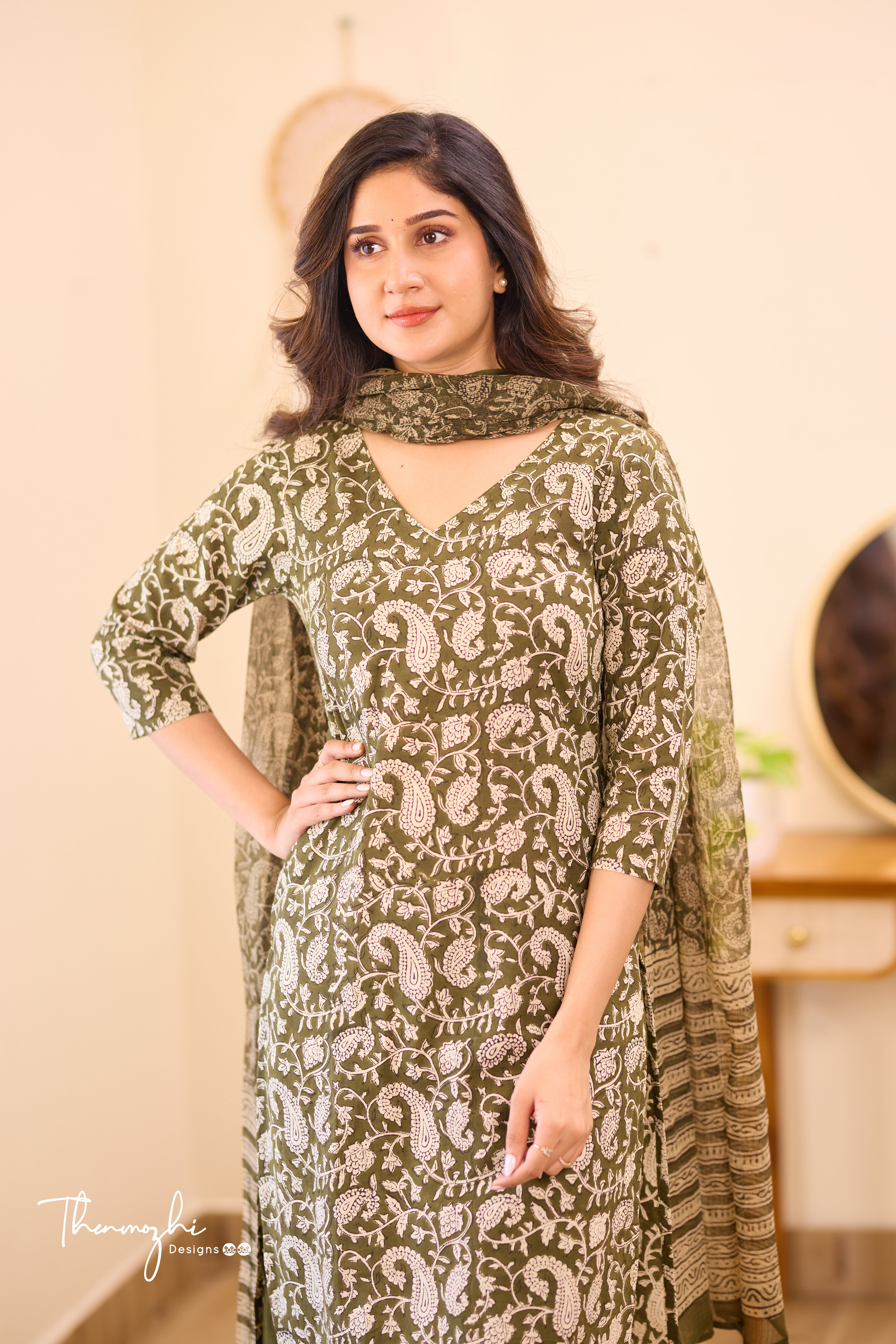 Olive Green Floral - Green Cotton Suit Set With Kota Dupatta