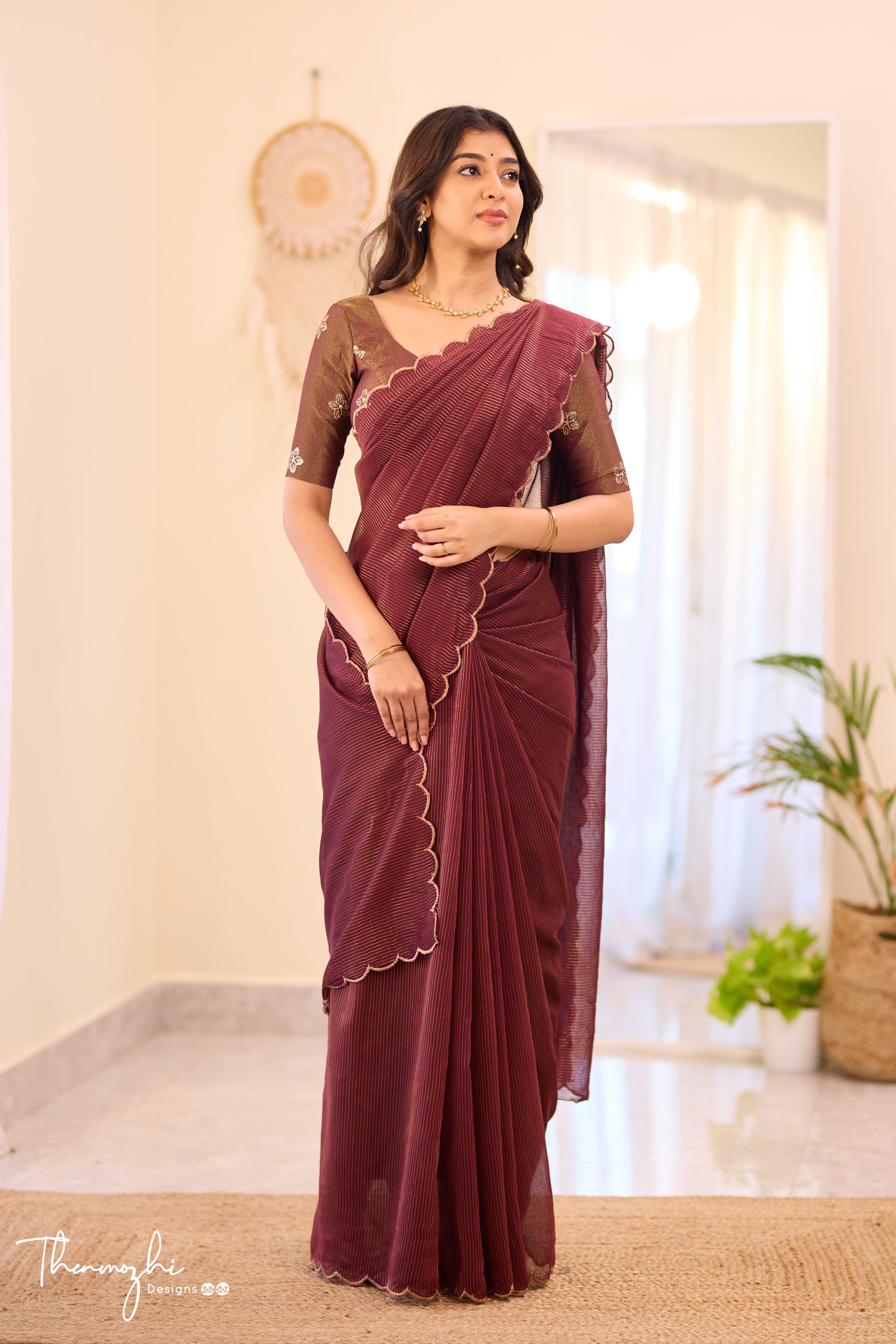 Wine Striped Mul Cotton Saree