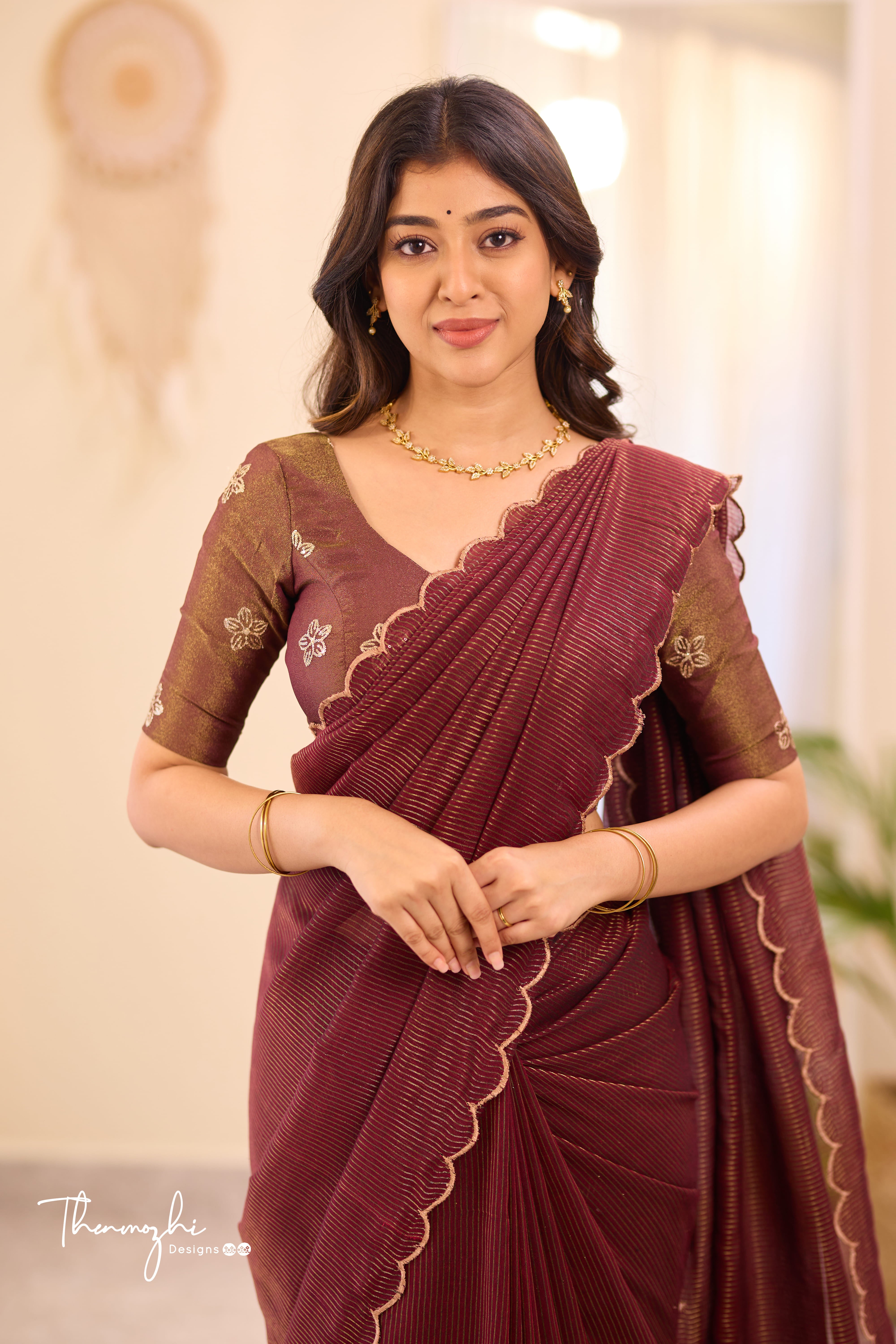 Wine Striped Mul Cotton Saree