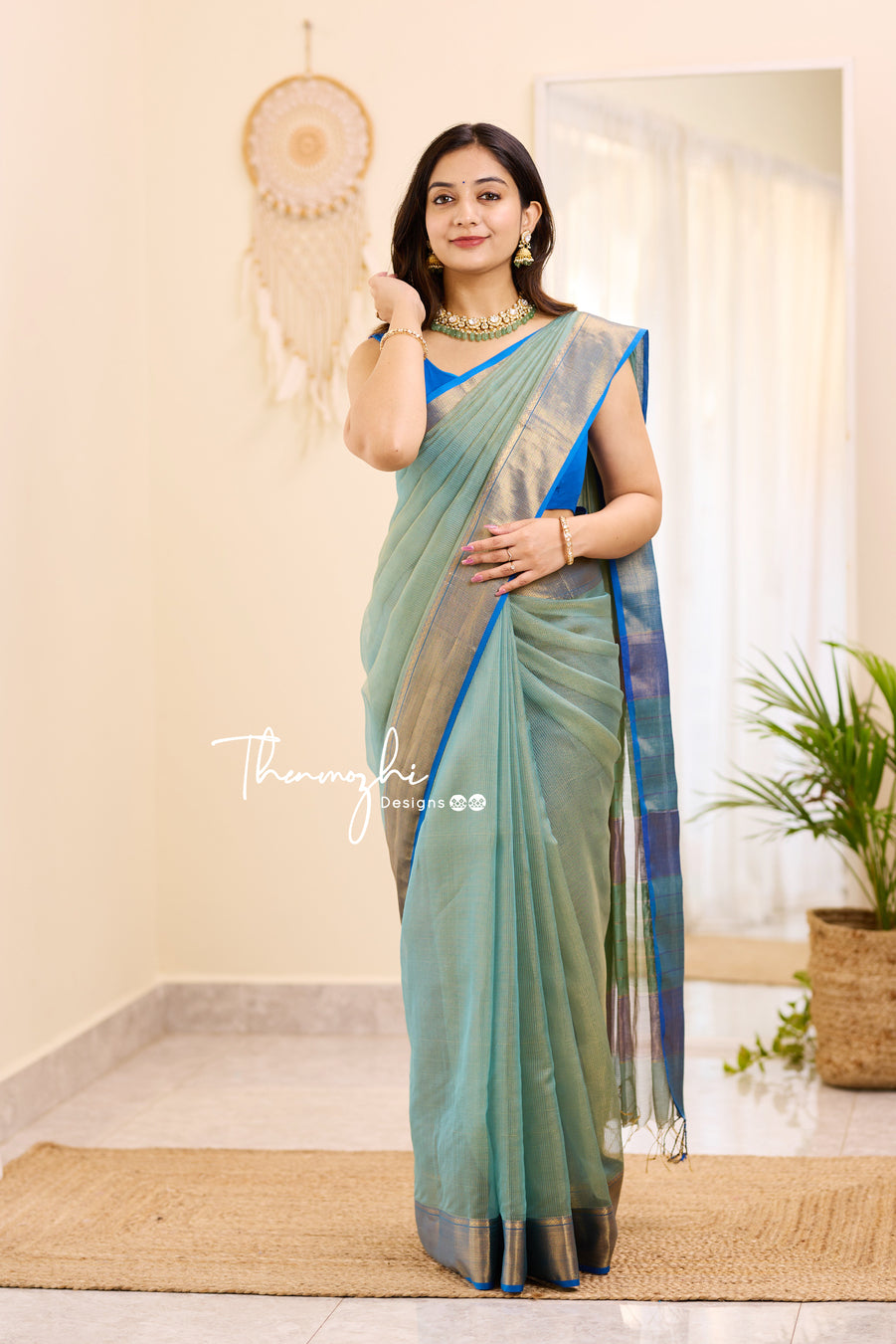 Hridaya (Sage Green & Blue) - Green Maheswari Tissue Silk Cotton saree