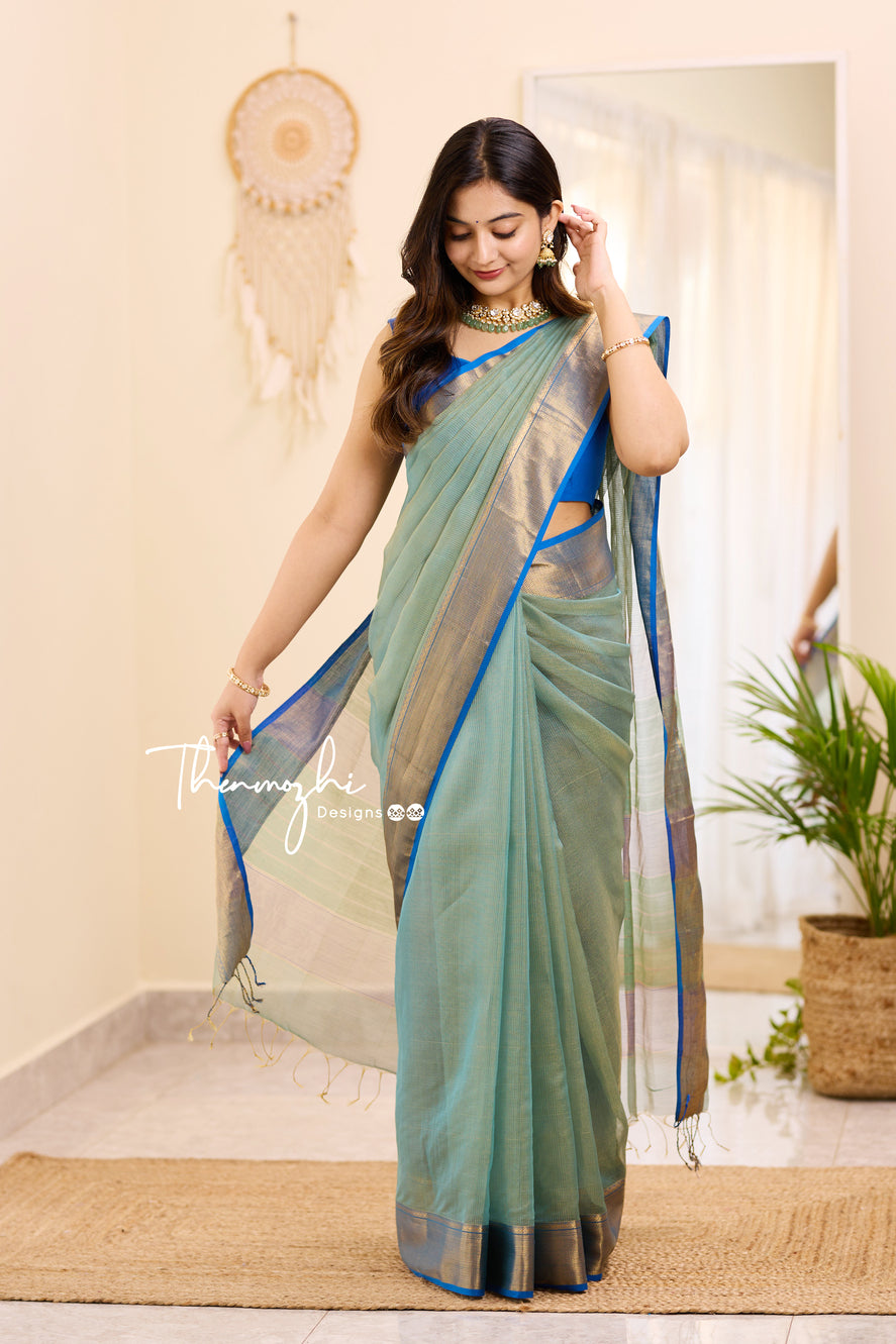 Bihar Khadi. Turquoise Pure Silk Cotton Batik Saree