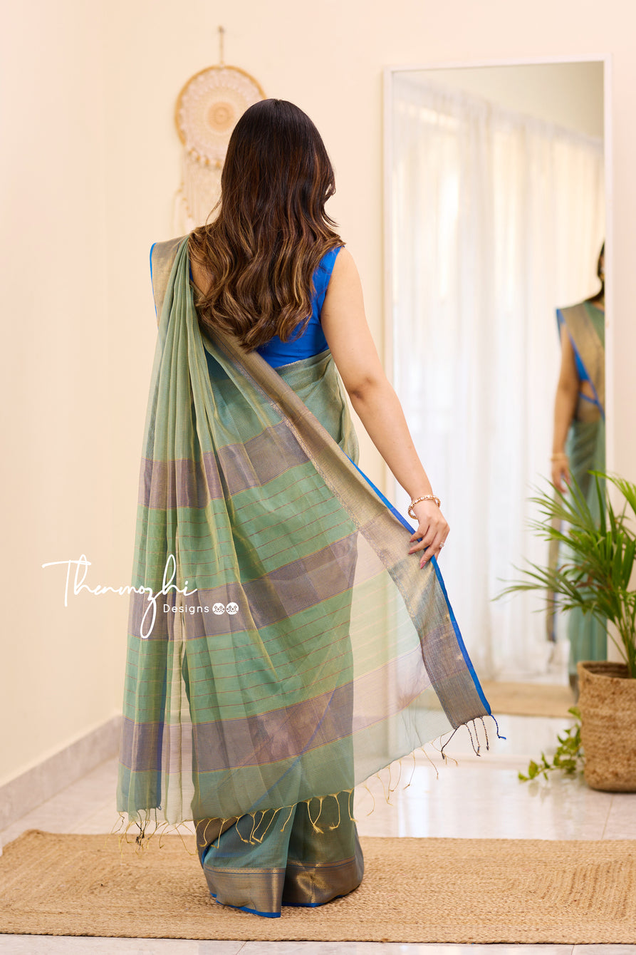 Hridaya (Sage Green & Blue) - Green Maheswari Tissue Silk Cotton saree