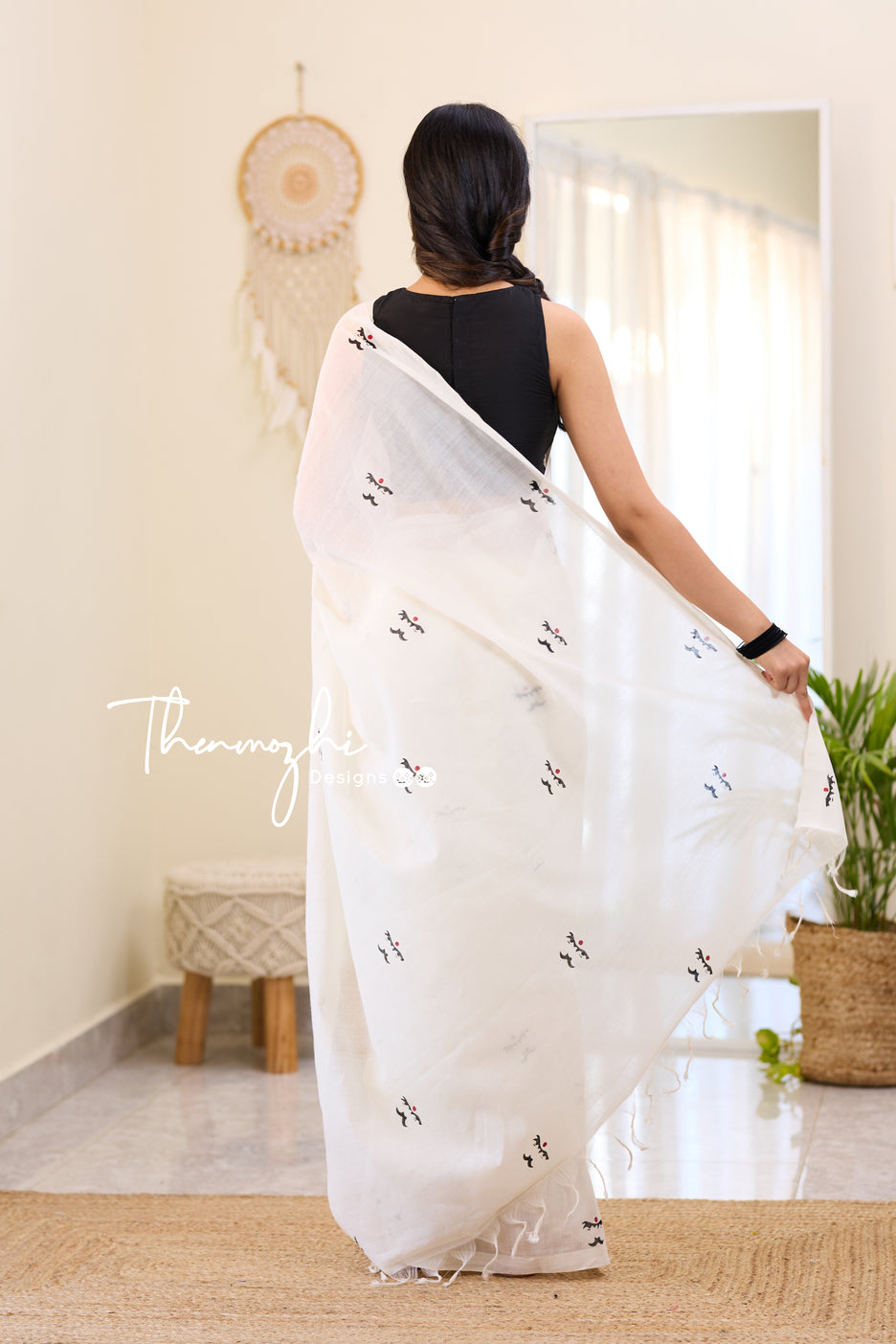 Bharathiyar - White Mangalagiri Block Print Cotton Saree
