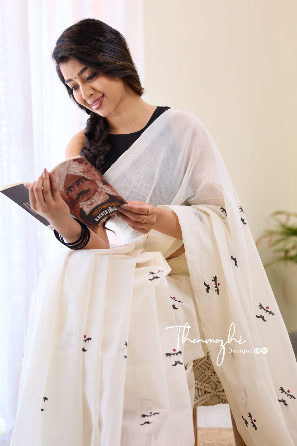 Bharathiyar - White Mangalagiri Block Print Cotton Saree