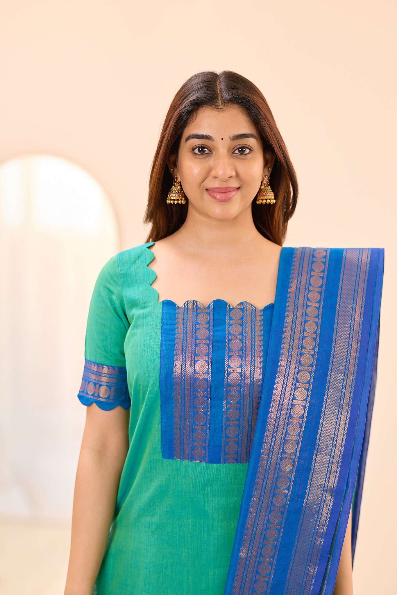 Aqua Green with Royal Blue Zari Border Chettinad Cotton Top and Dupatta