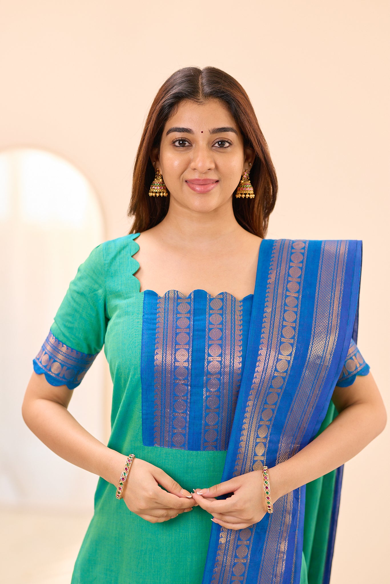 Aqua Green with Royal Blue Zari Border Chettinad Cotton Top and Dupatta