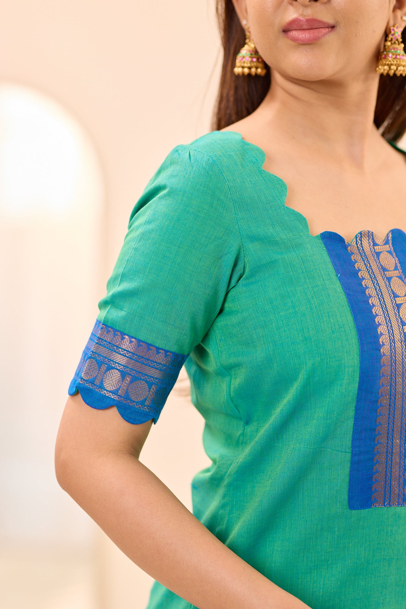 Aqua Green with Royal Blue Zari Border Chettinad Cotton Top and Dupatta