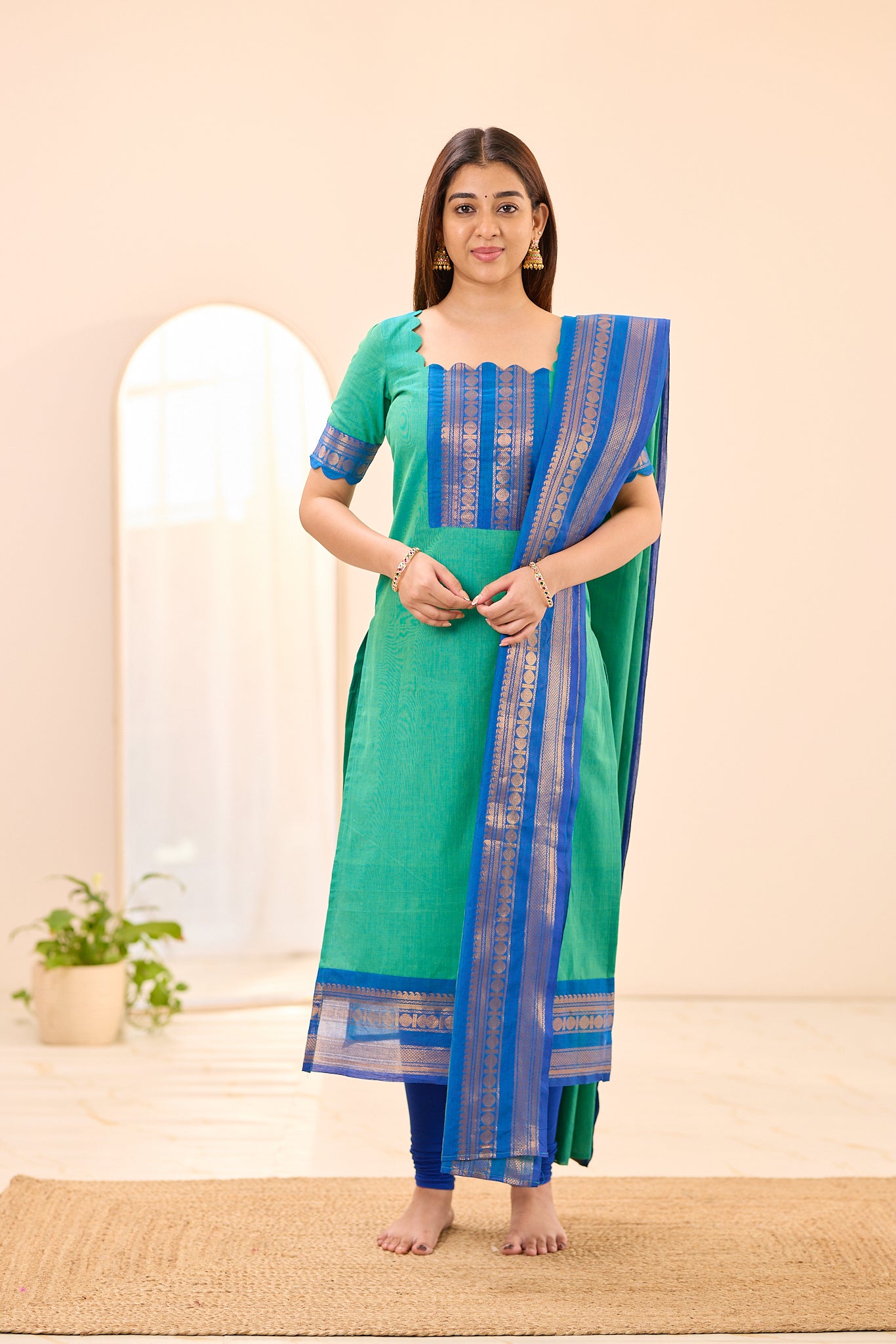 Aqua Green with Royal Blue Zari Border Chettinad Cotton Top and Dupatta