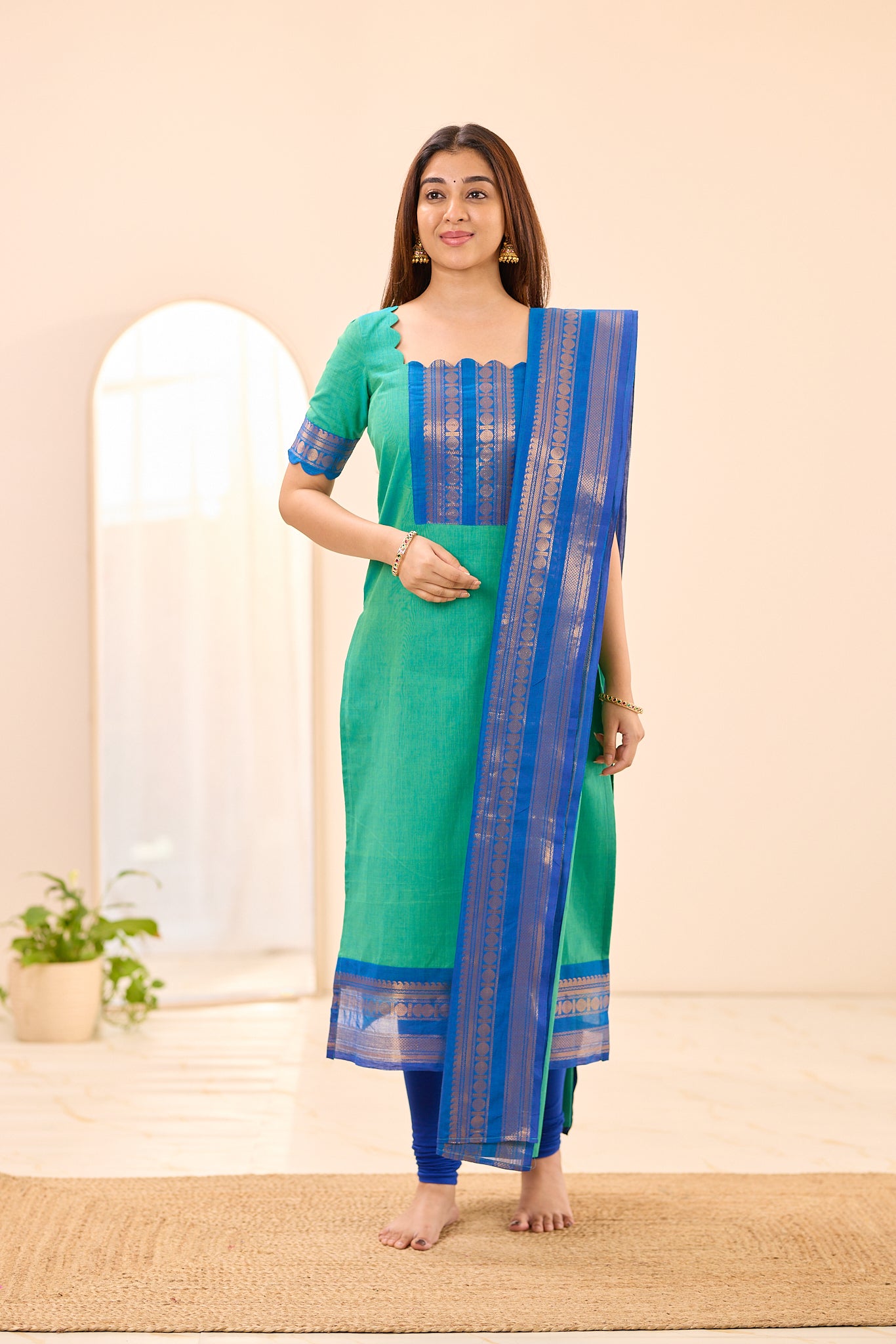 Aqua Green with Royal Blue Zari Border Chettinad Cotton Top and Dupatta