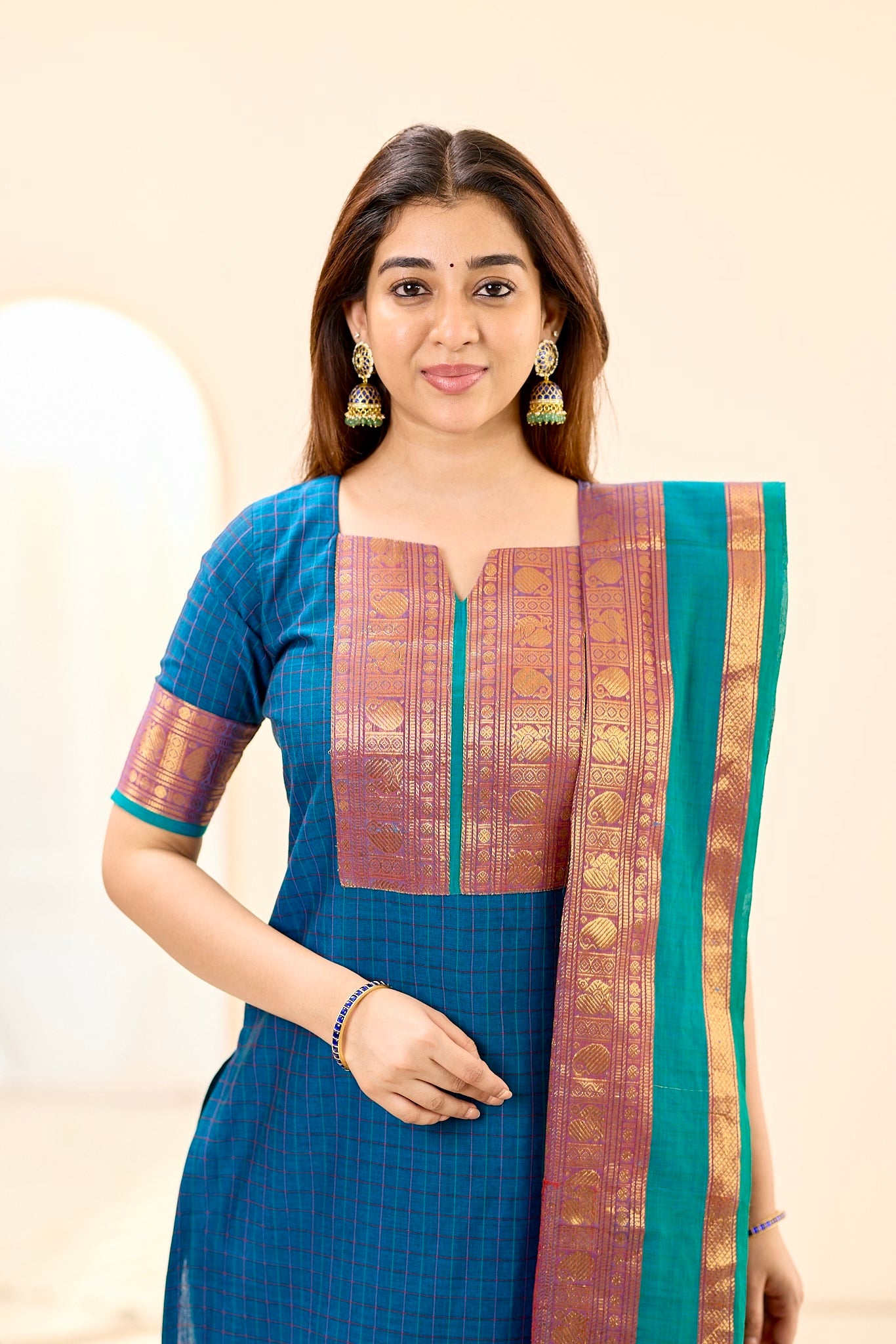Peacock Blue Checks with Teal Green Border Chettinad Cotton Top and Dupatta