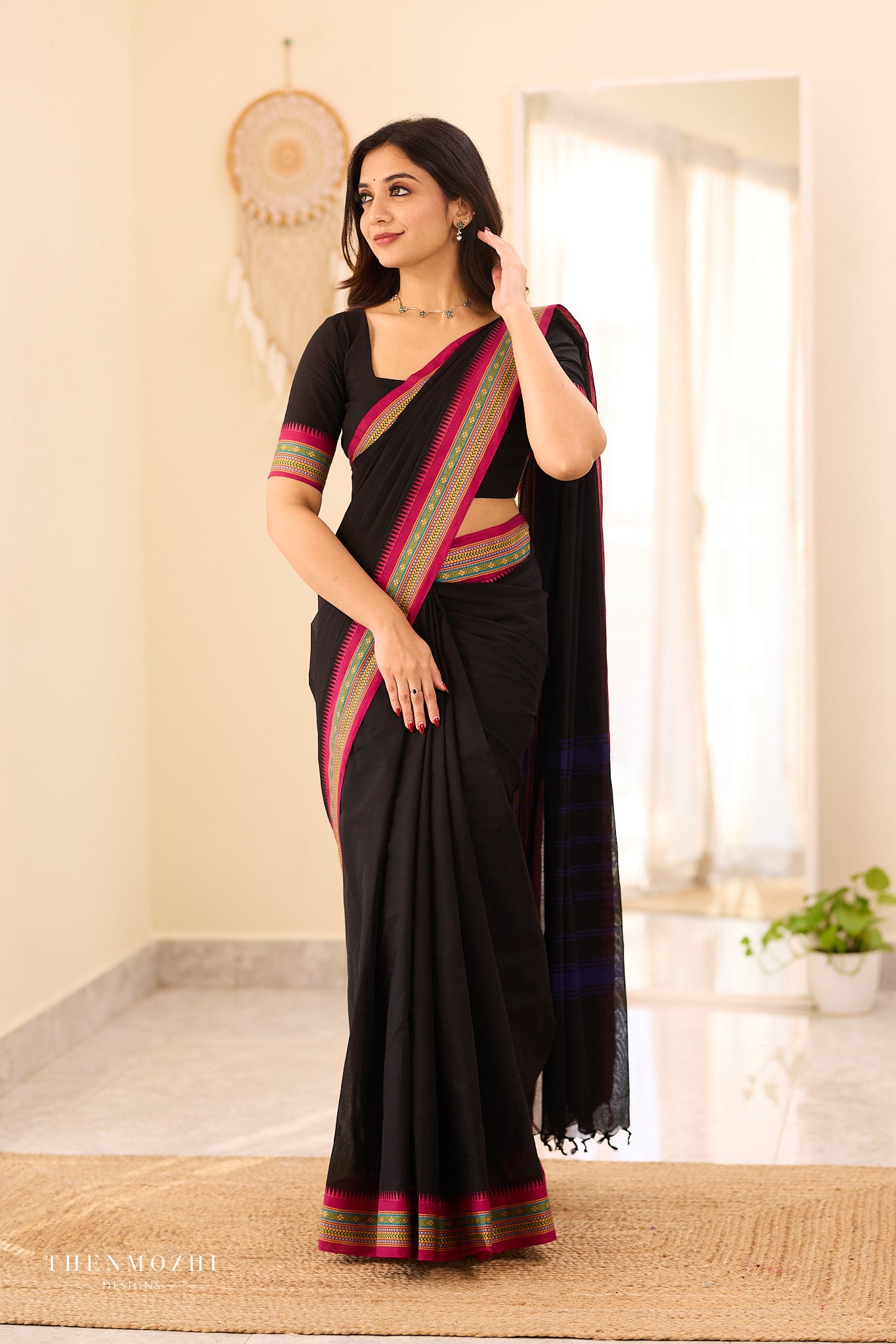 Black Chettinad Cotton Saree with Contrast Thread Border