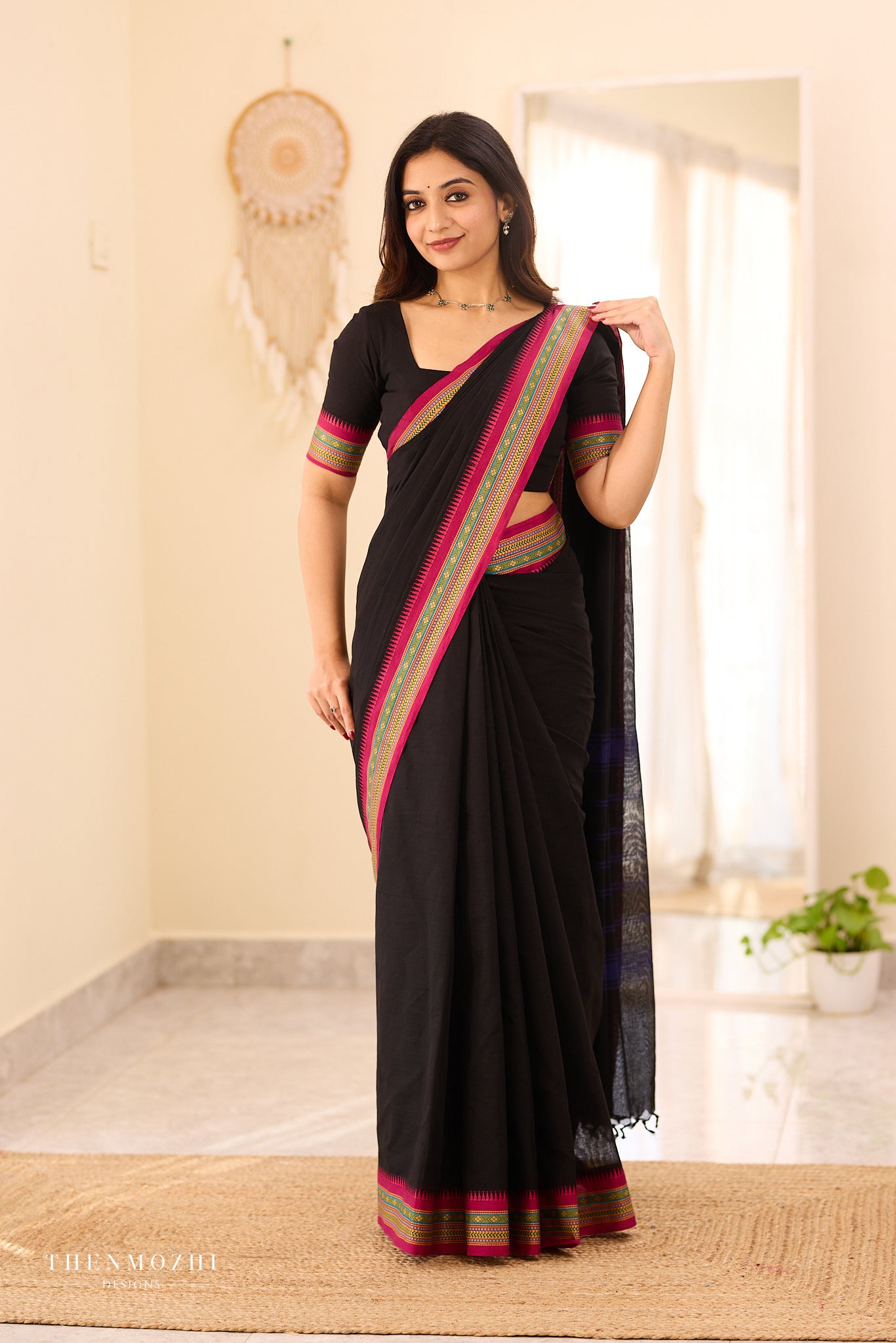 Black Chettinad Cotton Saree with Contrast Thread Border