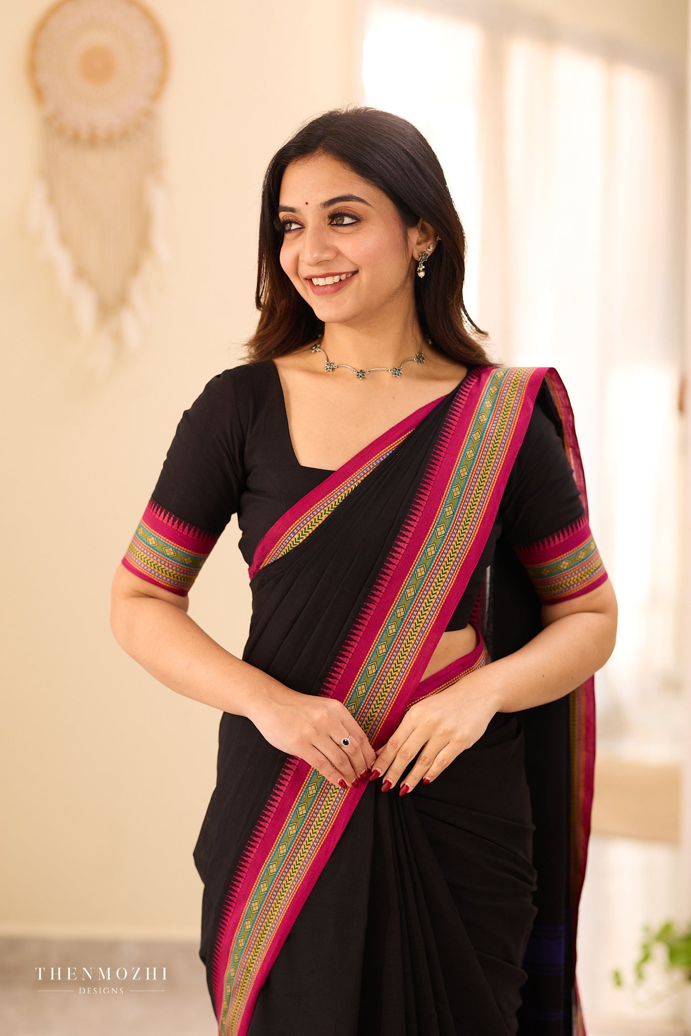 Black Chettinad Cotton Saree with Contrast Thread Border