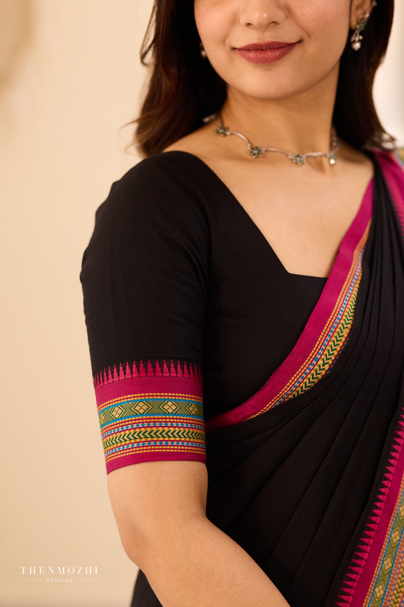Black Chettinad Cotton Saree with Contrast Thread Border