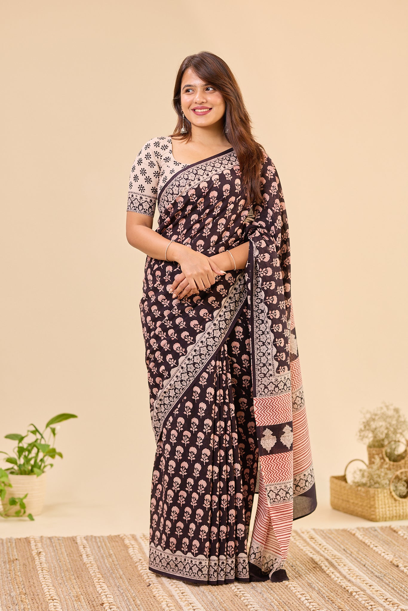 Black & Ivory Traditional Bagru Handblock Printed Mul Cotton Saree