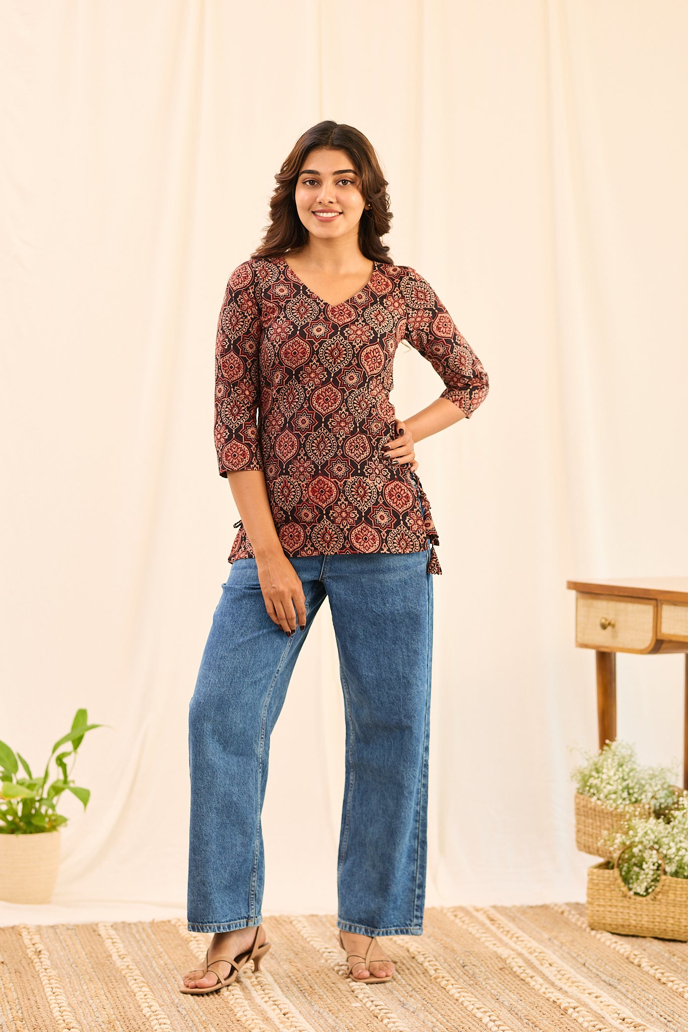 Black with Maroon Ajrakh Printed Cotton Short Kurti