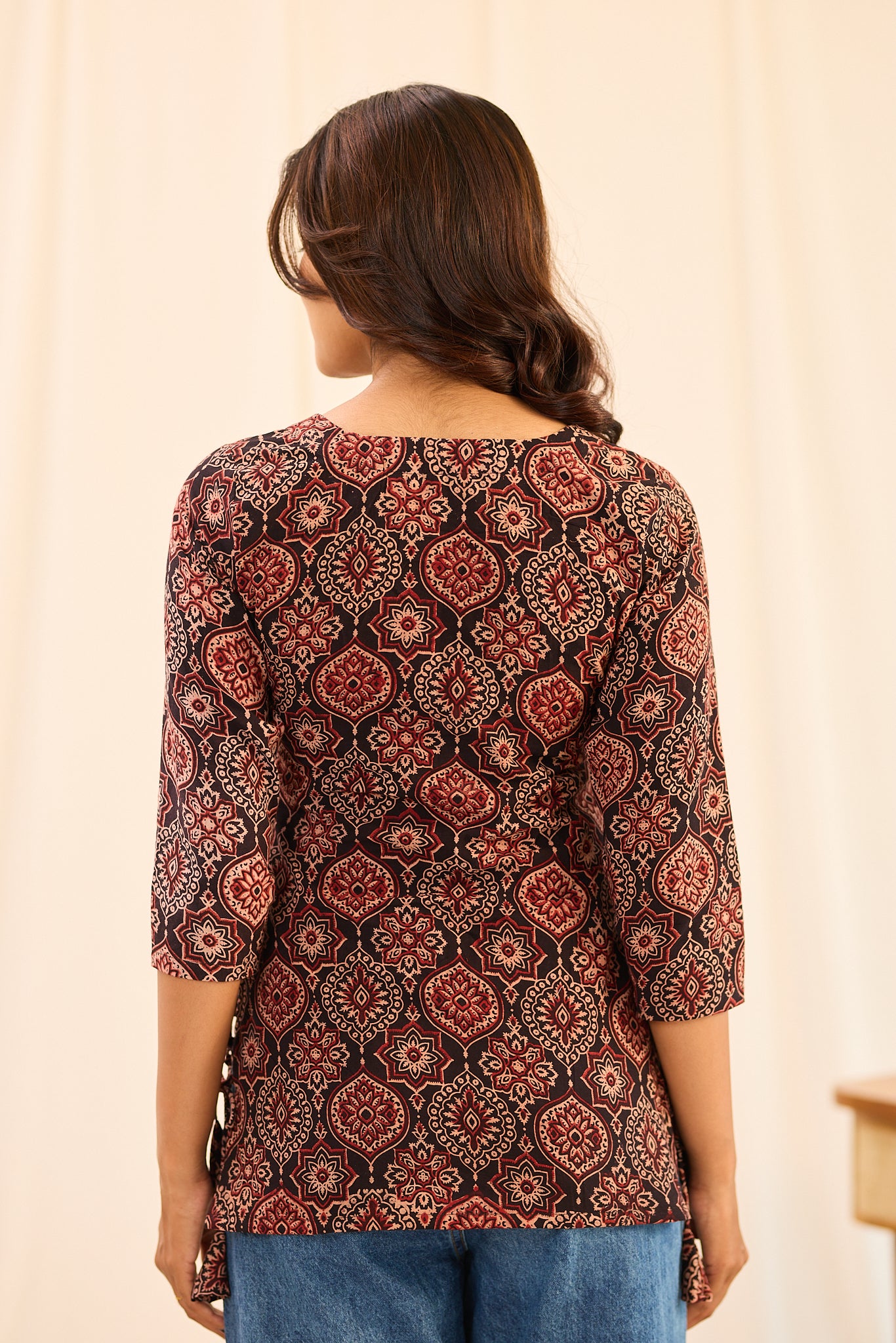 Black with Maroon Ajrakh Printed Cotton Short Kurti