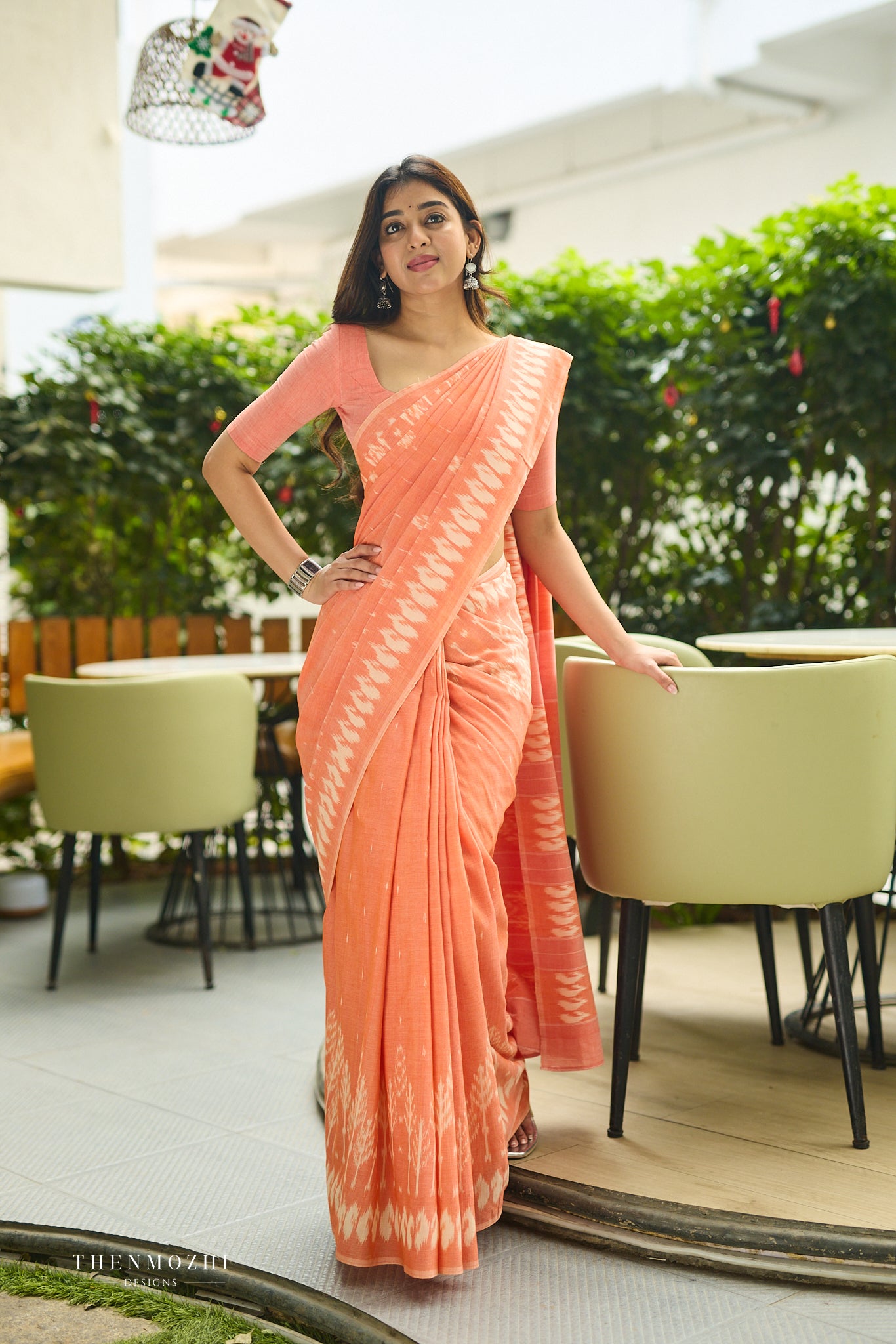 Blush Coral with Ivory Accents Ikkat Cotton Saree