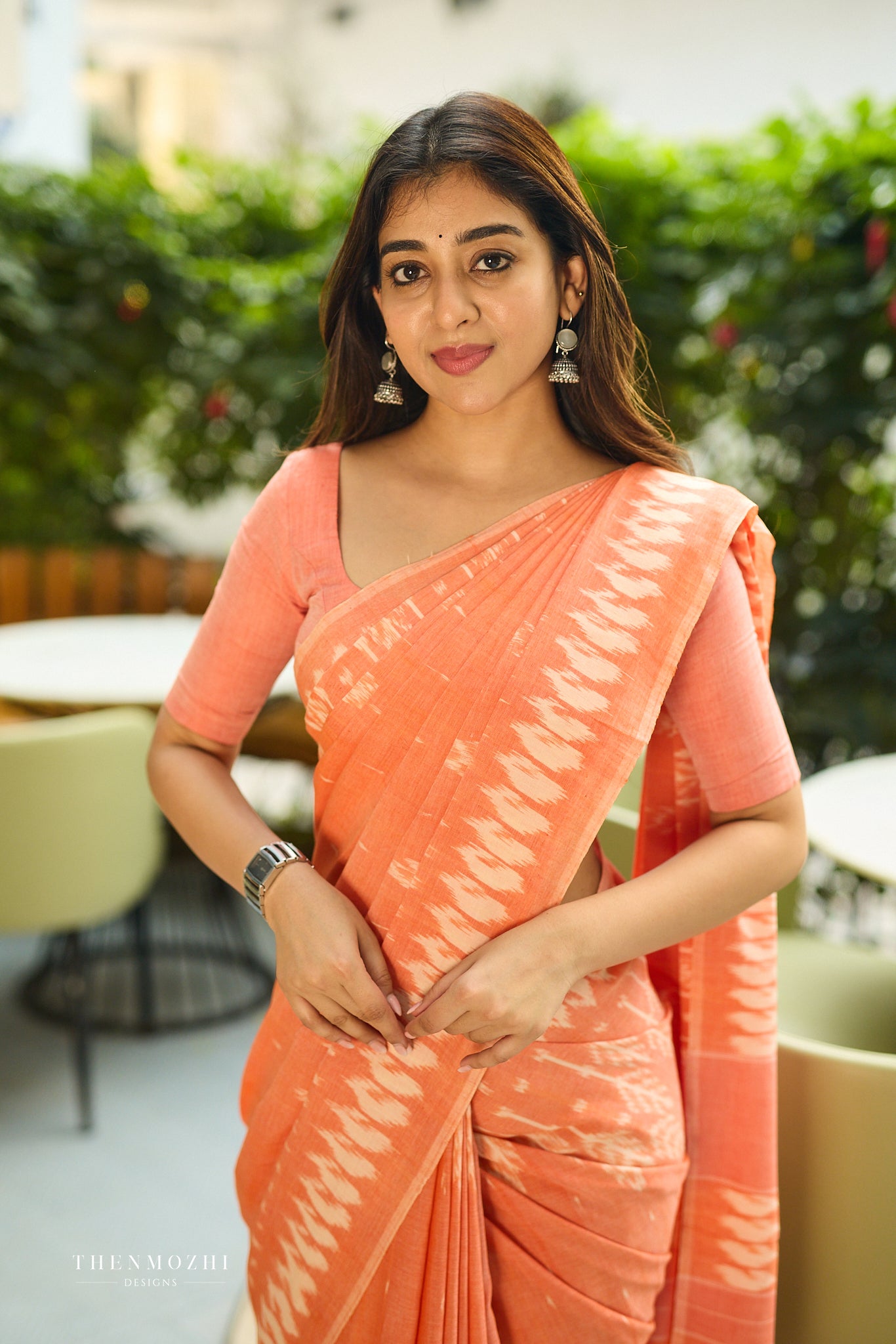 Blush Coral with Ivory Accents Ikkat Cotton Saree