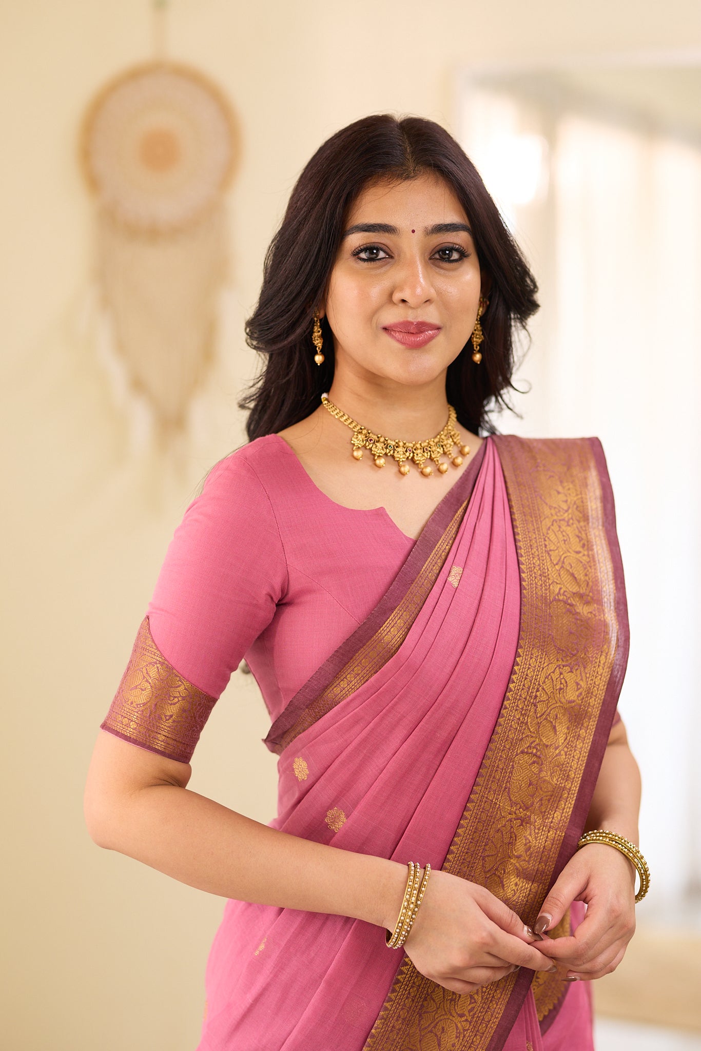Blush Rose With Maroon Zari Border Chettinad Cotton Saree