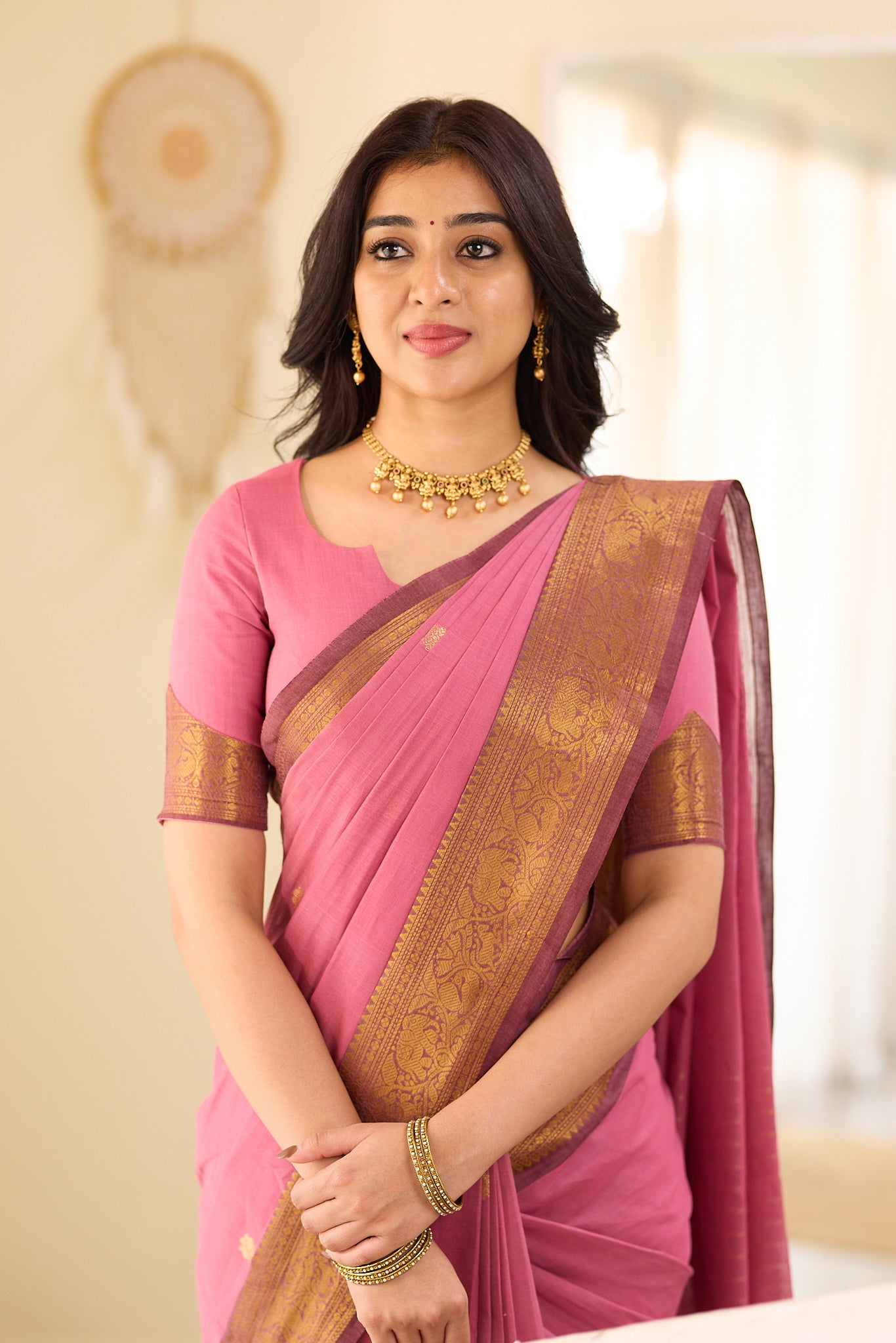 Blush Rose With Maroon Zari Border Chettinad Cotton Saree