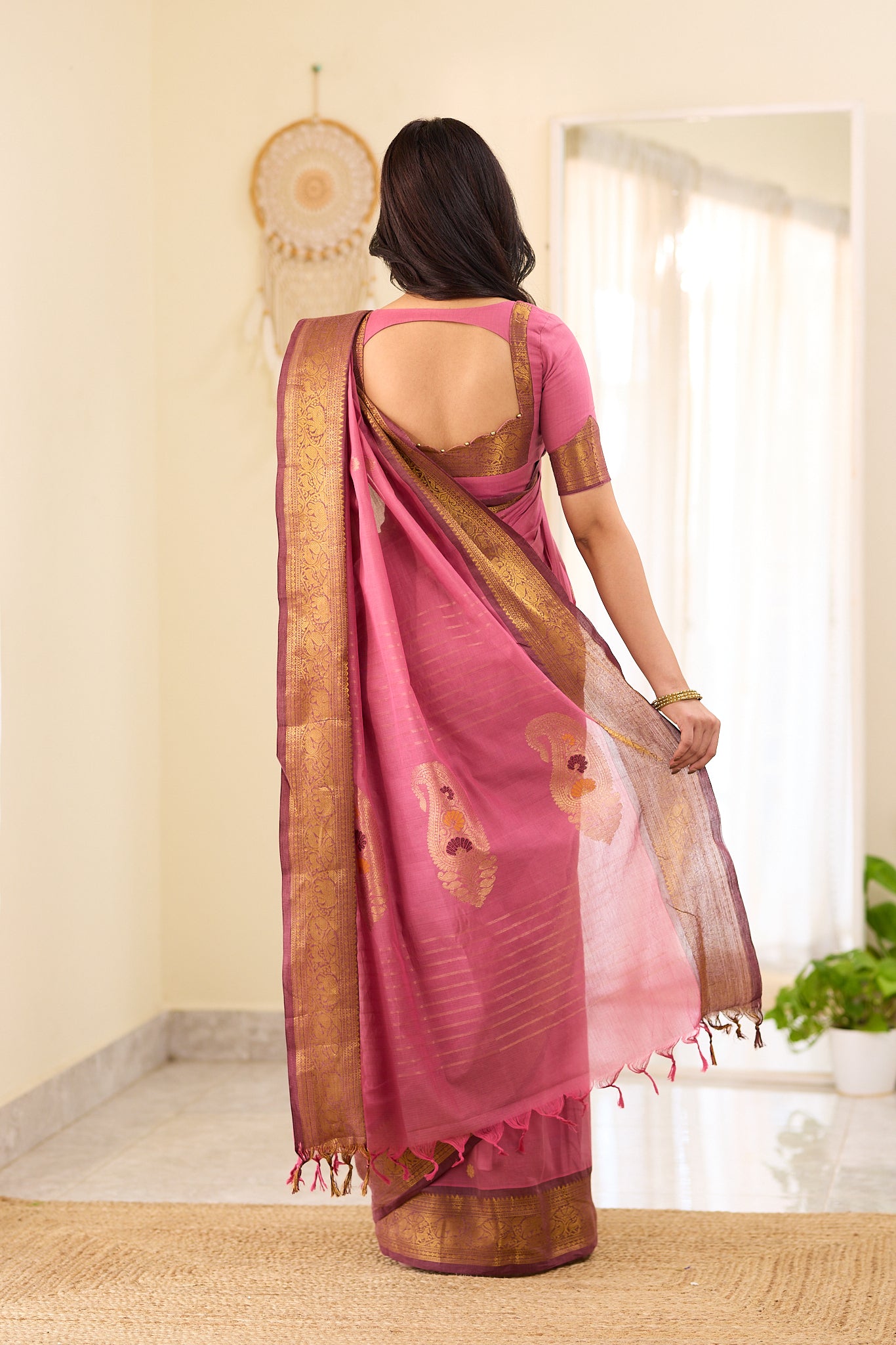 Blush Rose With Maroon Zari Border Chettinad Cotton Saree