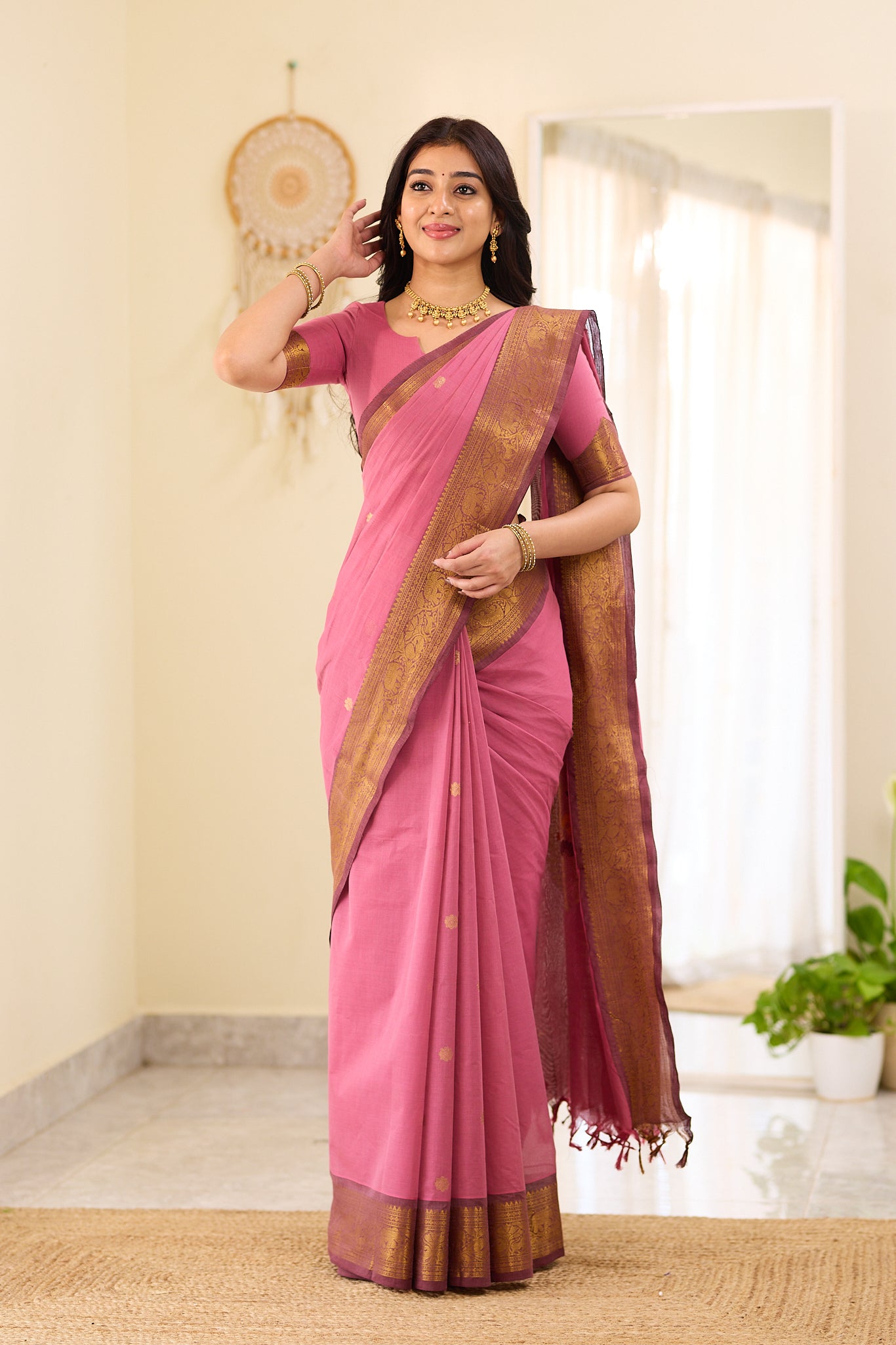 Blush Rose With Maroon Zari Border Chettinad Cotton Saree