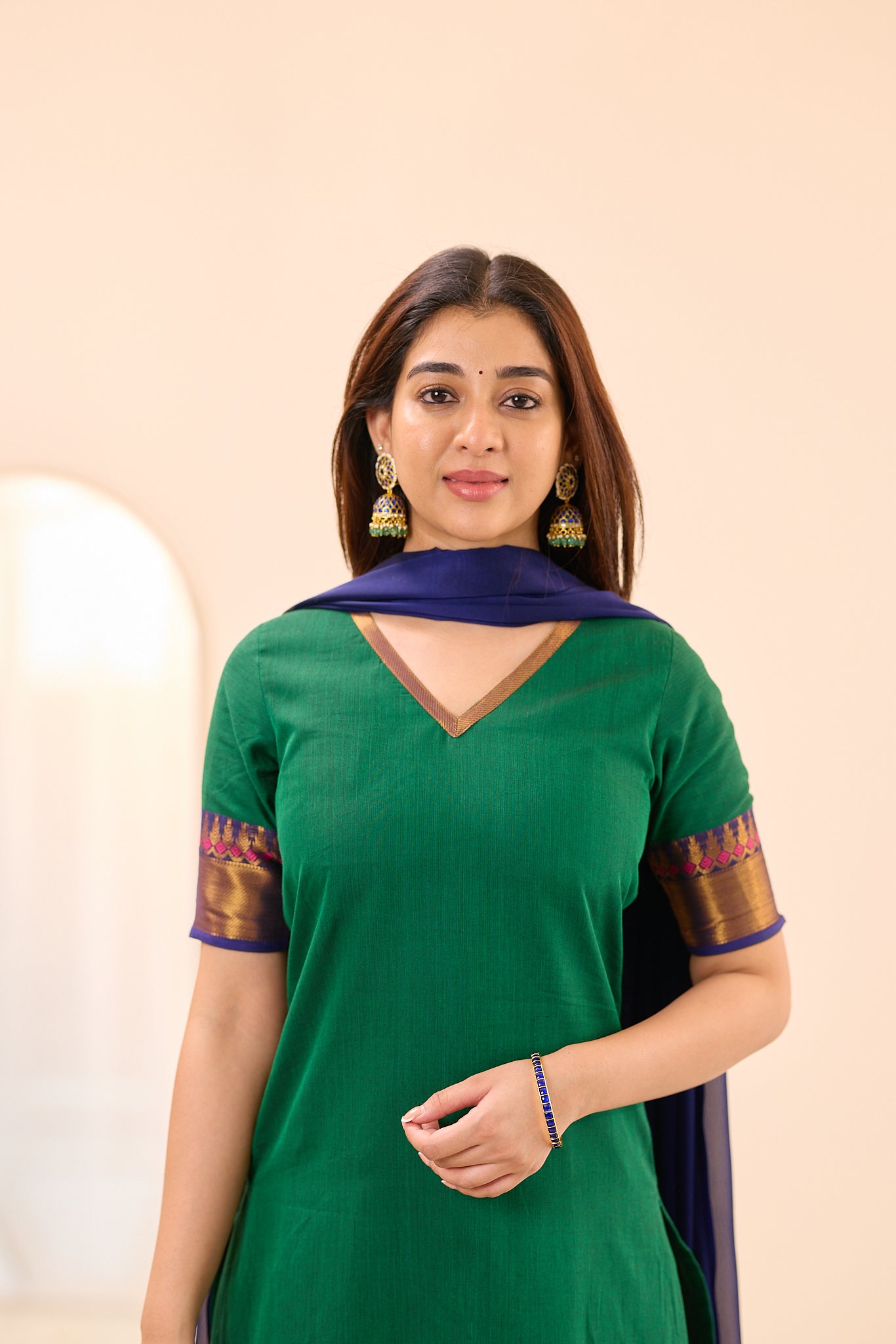 Bottle Green with Navy Blue Zari Border Chettinad Cotton Top and Dupatta
