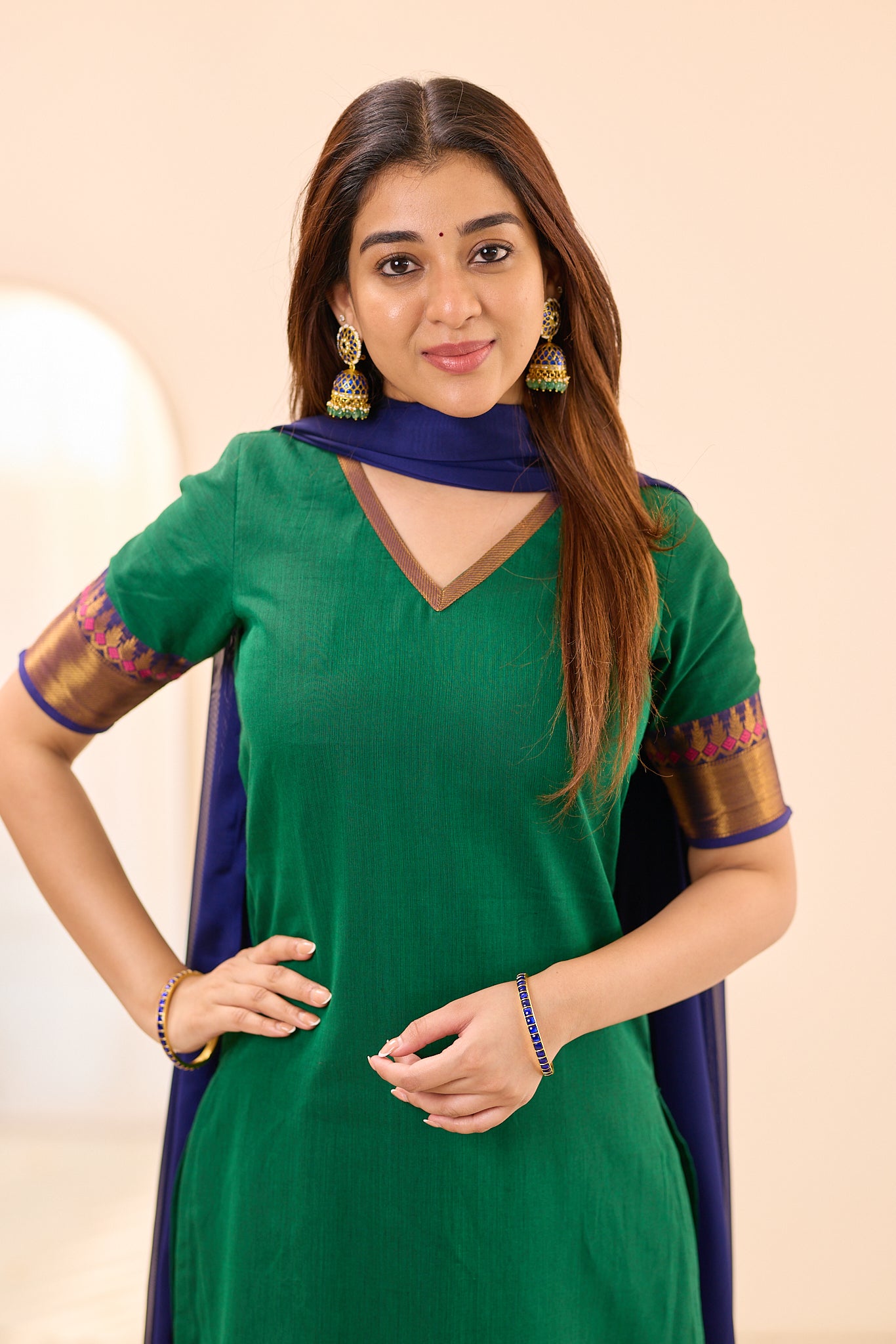 Bottle Green with Navy Blue Zari Border Chettinad Cotton Top and Dupatta