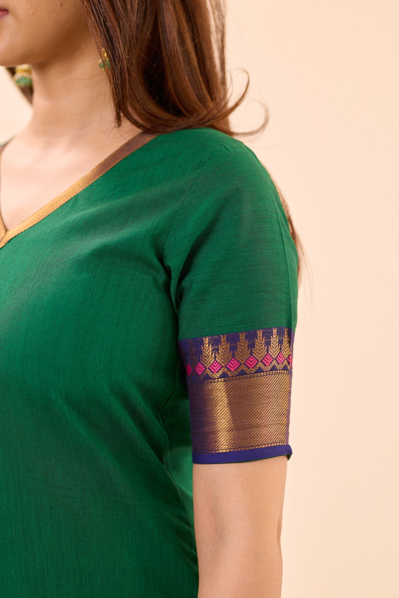 Bottle Green with Navy Blue Zari Border Chettinad Cotton Top and Dupatta