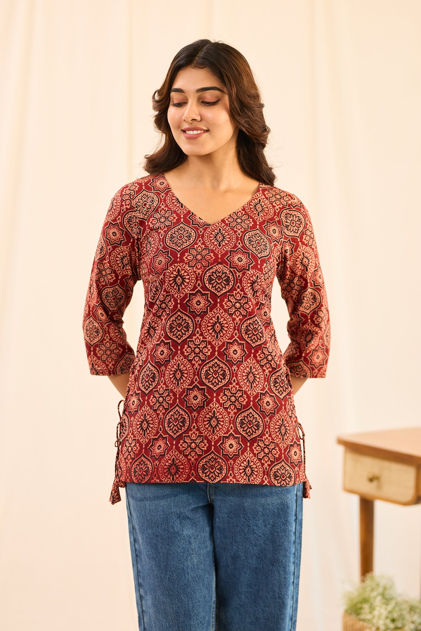 Brick Red with Beige Ajrakh Printed Cotton Short Kurti