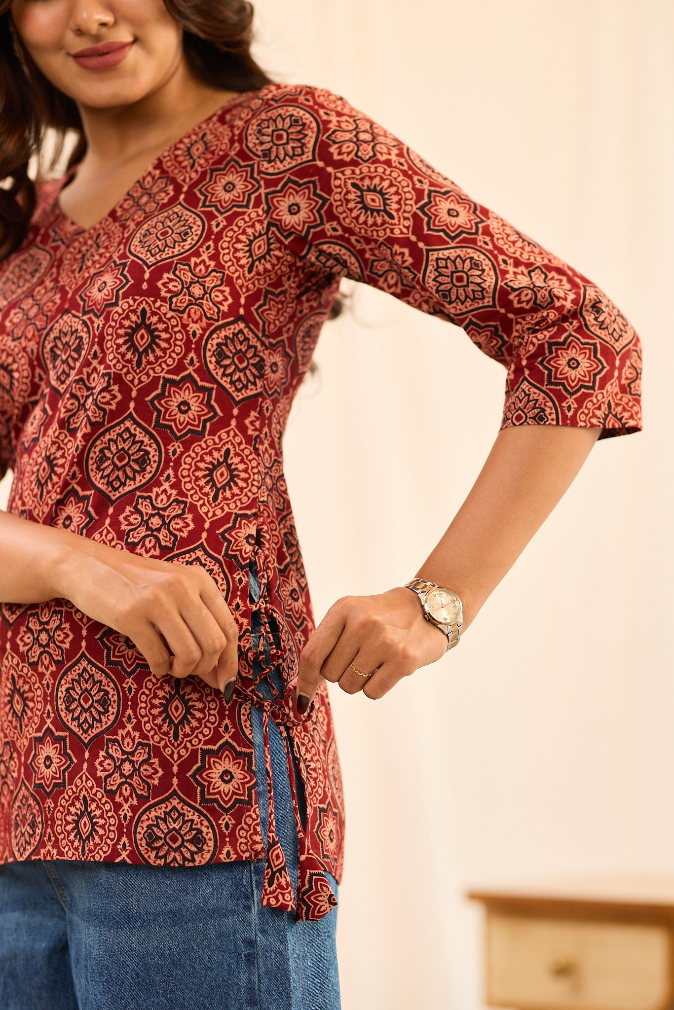 Brick Red with Beige Ajrakh Printed Cotton Short Kurti