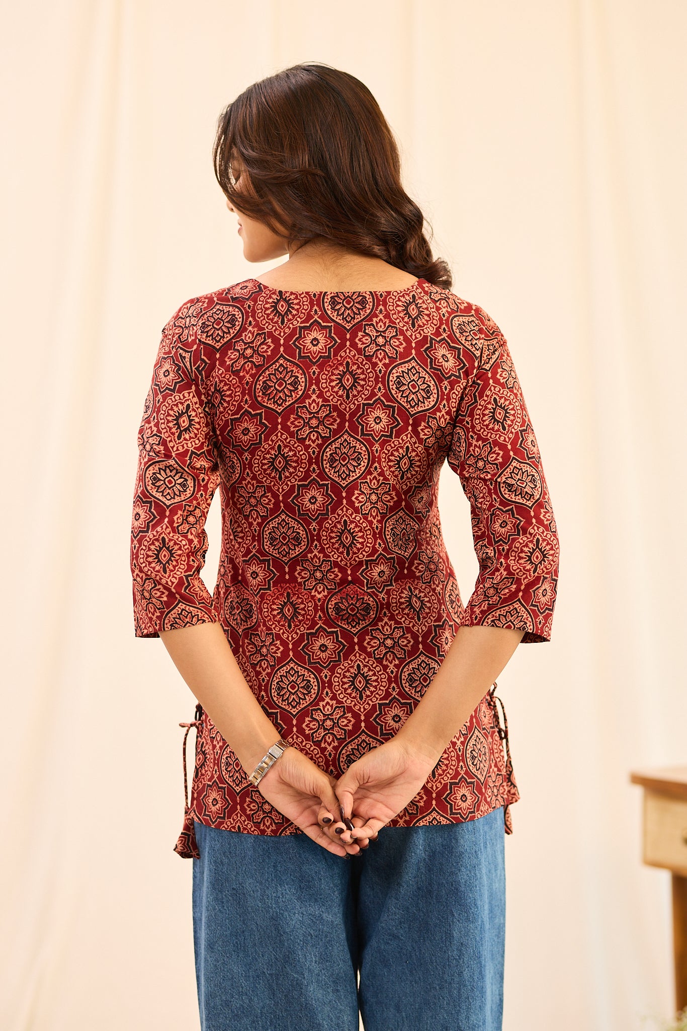 Brick Red with Beige Ajrakh Printed Cotton Short Kurti
