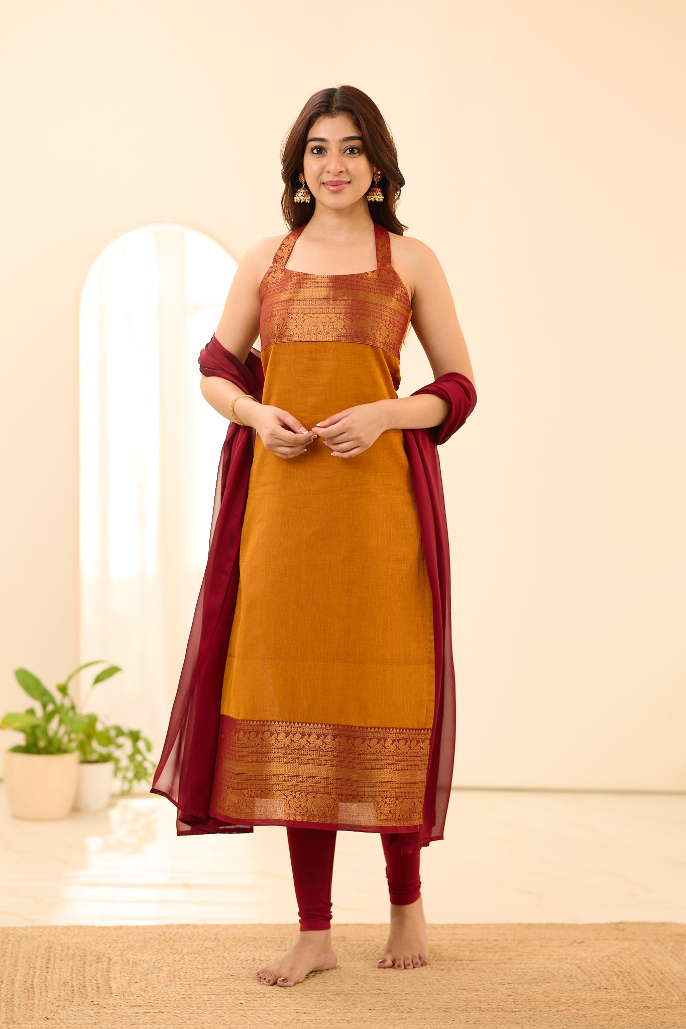 Burnt Orange with Red Border Chettinad Cotton Salwar