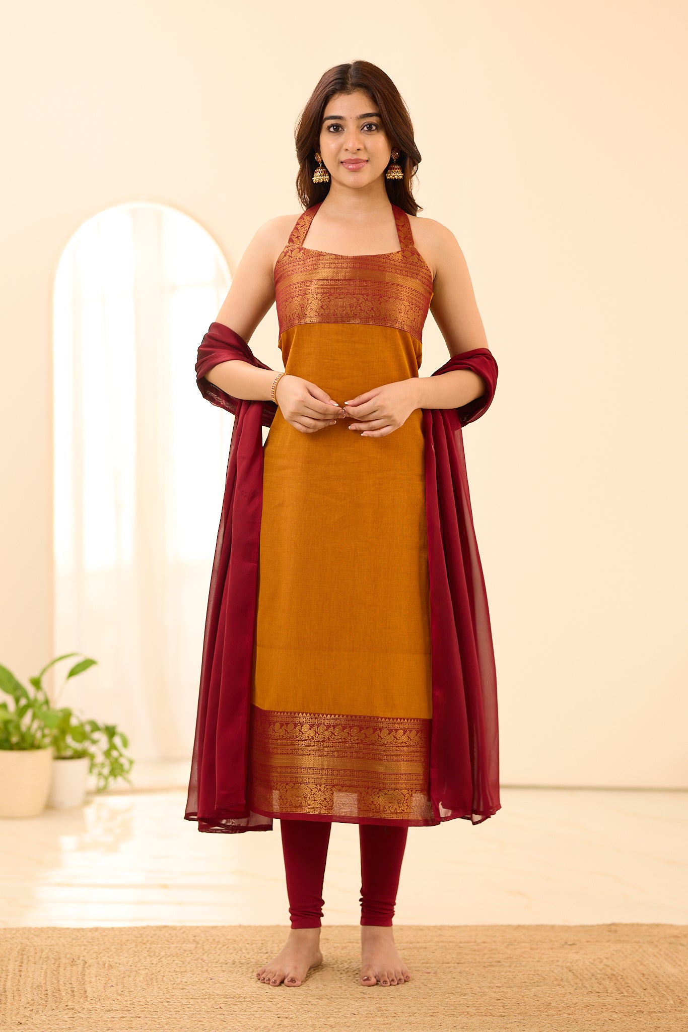 Burnt Orange with Red Border Chettinad Cotton Salwar
