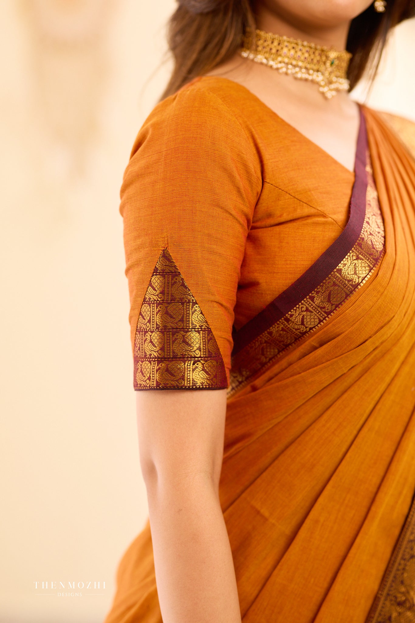 Burnt orange and purple border Chettinad cotton Blouse