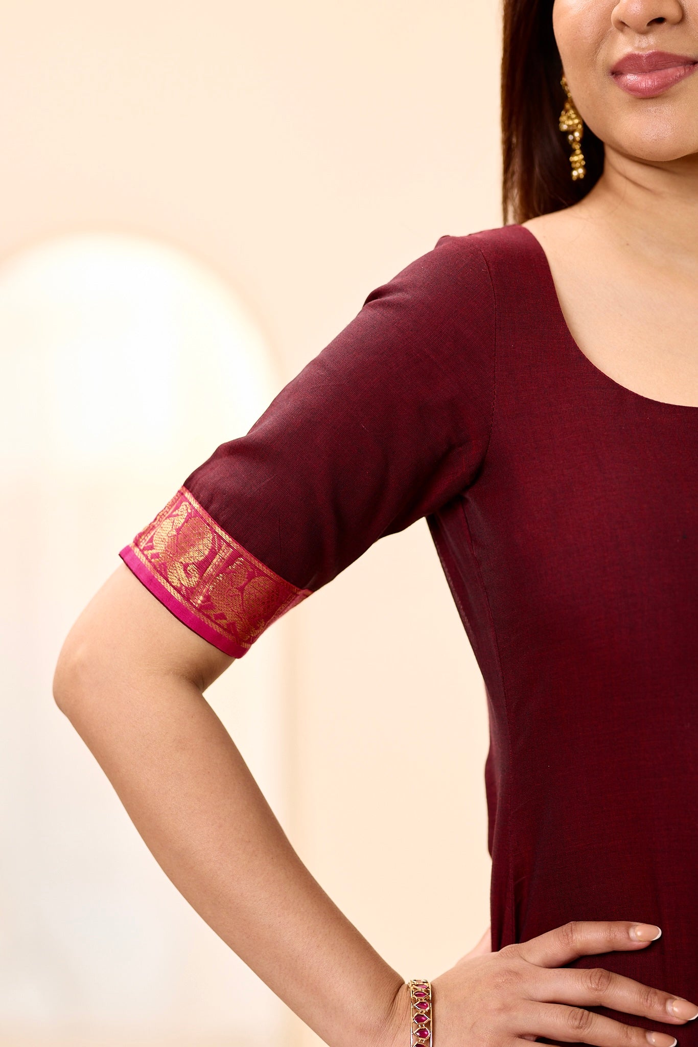 Rich Burgundy with Rani Pink Border Chettinad Top and Dupatta