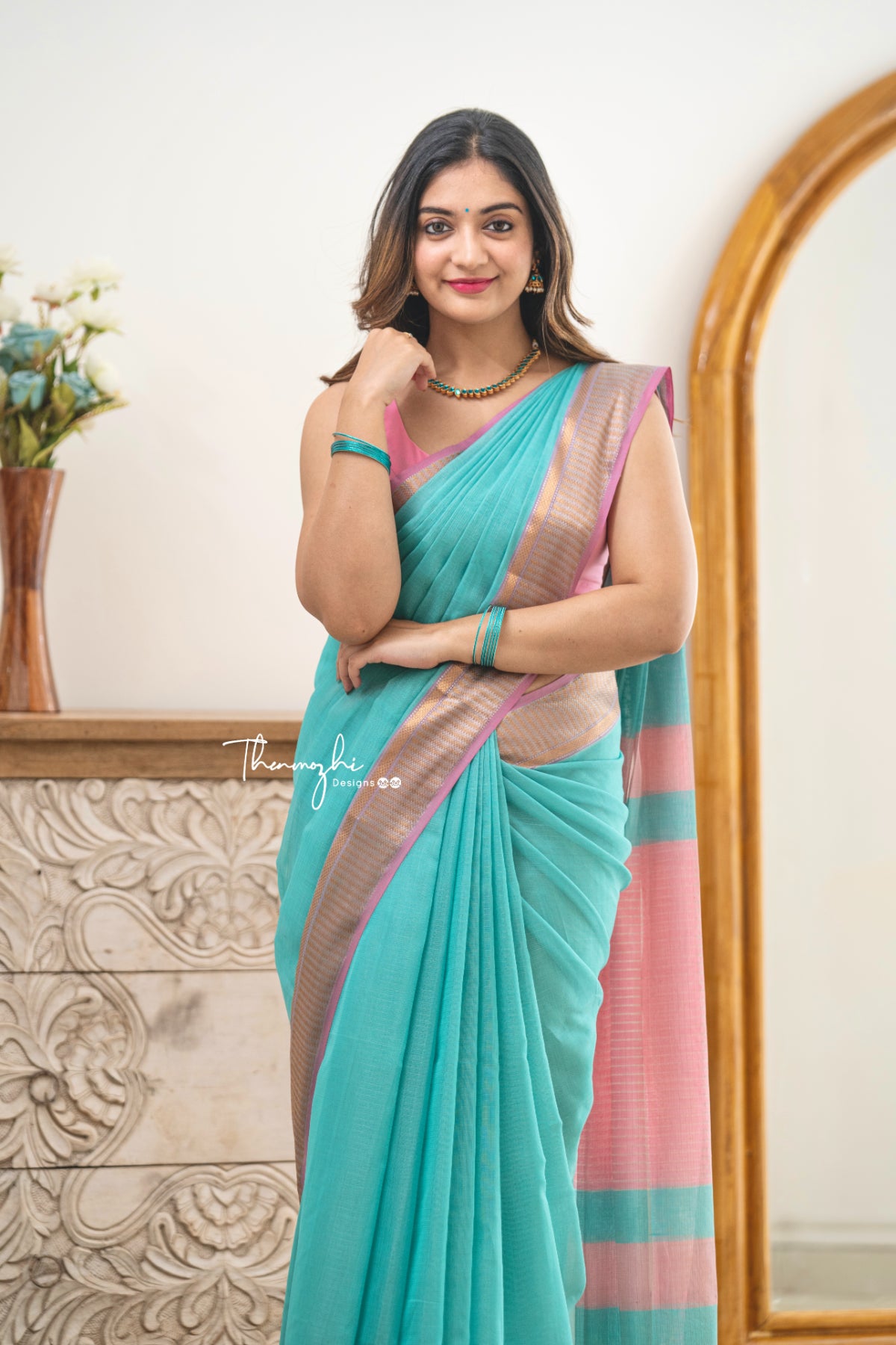 Hridaya (Turquoise) Maheshwari Silk Handloom Cotton Saree