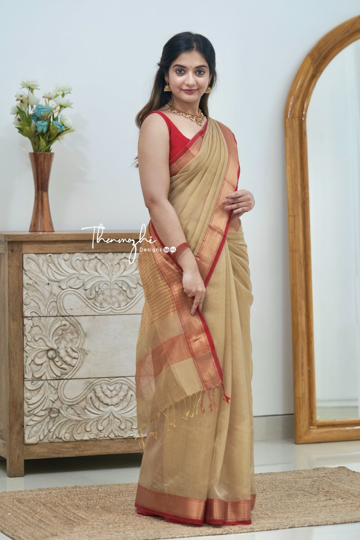 Hridaya (Beige) Maheshwari  Tissue Silk Handloom Cotton Saree